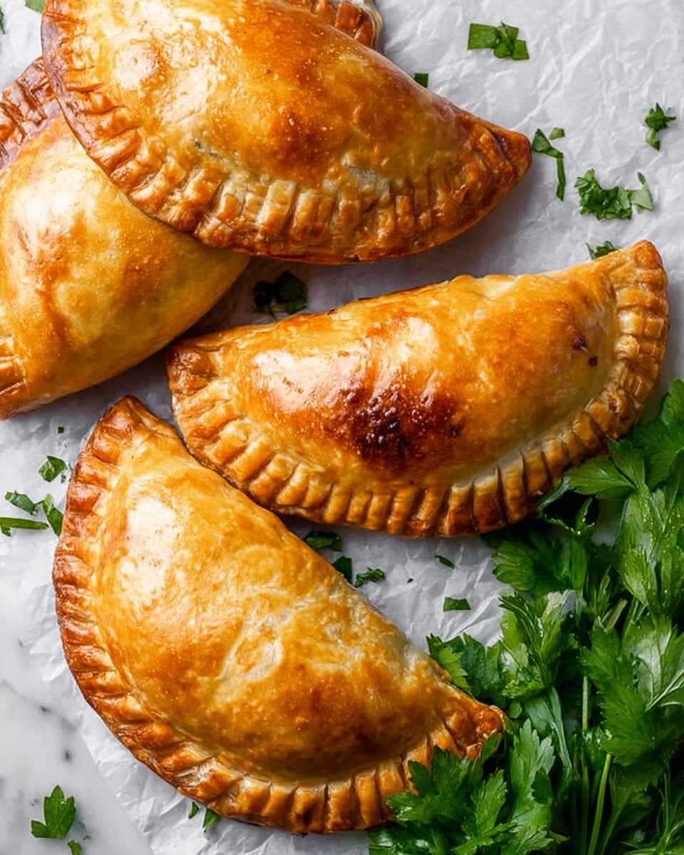 There are five golden brown empanadas with slightly crimped edges arranged close together on white parchment paper. The empanadas have a shiny, flaky crust with some darker brown spots showing a baked texture. On the right side, a bunch of bright green fresh parsley adds contrast to the warm colors of the empanadas. The background is a white marbled surface. Photo taken with an iphone --ar 4:5 --v 7