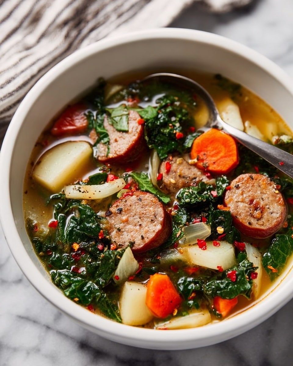 A white bowl filled with a warm soup showing four main layers: round slices of brown sausage with a coarse texture floating on the top, bright orange carrot slices with smooth edges next to the sausage, dark green leafy kale pieces mixed throughout, and small cubed white potato pieces beneath the rest. The soup broth is clear and golden, speckled with red pepper flakes and black pepper. A silver spoon rests inside the bowl, partially submerged in the soup. The bowl sits on a white marbled surface with a striped cloth underneath. Photo taken with an iphone --ar 4:5 --v 7