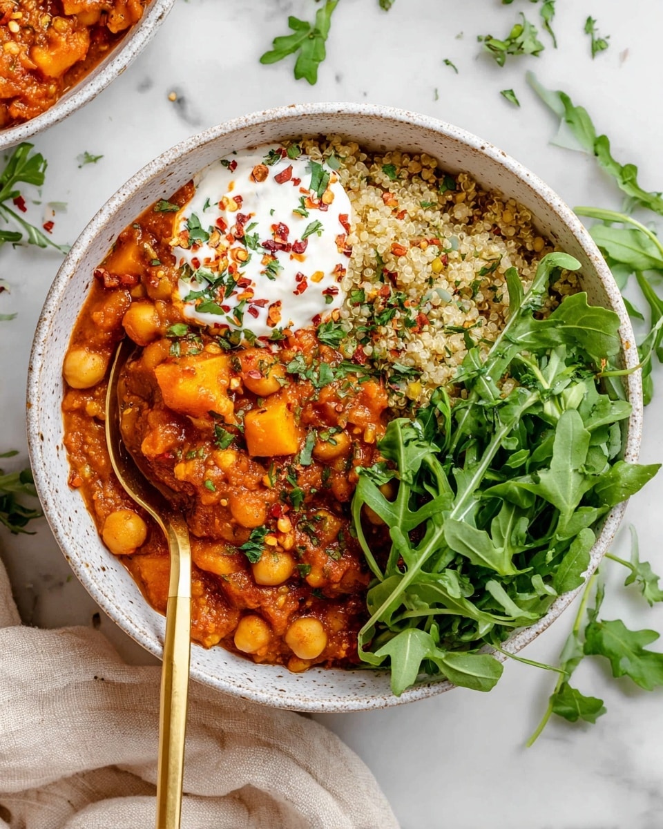 A white speckled bowl is filled with three main layers. The bottom left side has a thick orange stew with visible chickpeas, lentils, and chunks of soft vegetables in a rich sauce. On the bottom right side, there is a portion of light beige quinoa mixed with small green herbs. On top of the quinoa and stew, there is a dollop of white cream or yogurt sprinkled with red chili flakes and green herbs. Fresh green arugula leaves cover the top right side, adding a bright touch. A gold spoon rests inside the bowl on the left side. The bowl is placed on a white marbled surface with some scattered arugula leaves and a beige cloth nearby. Photo taken with an iphone --ar 4:5 --v 7