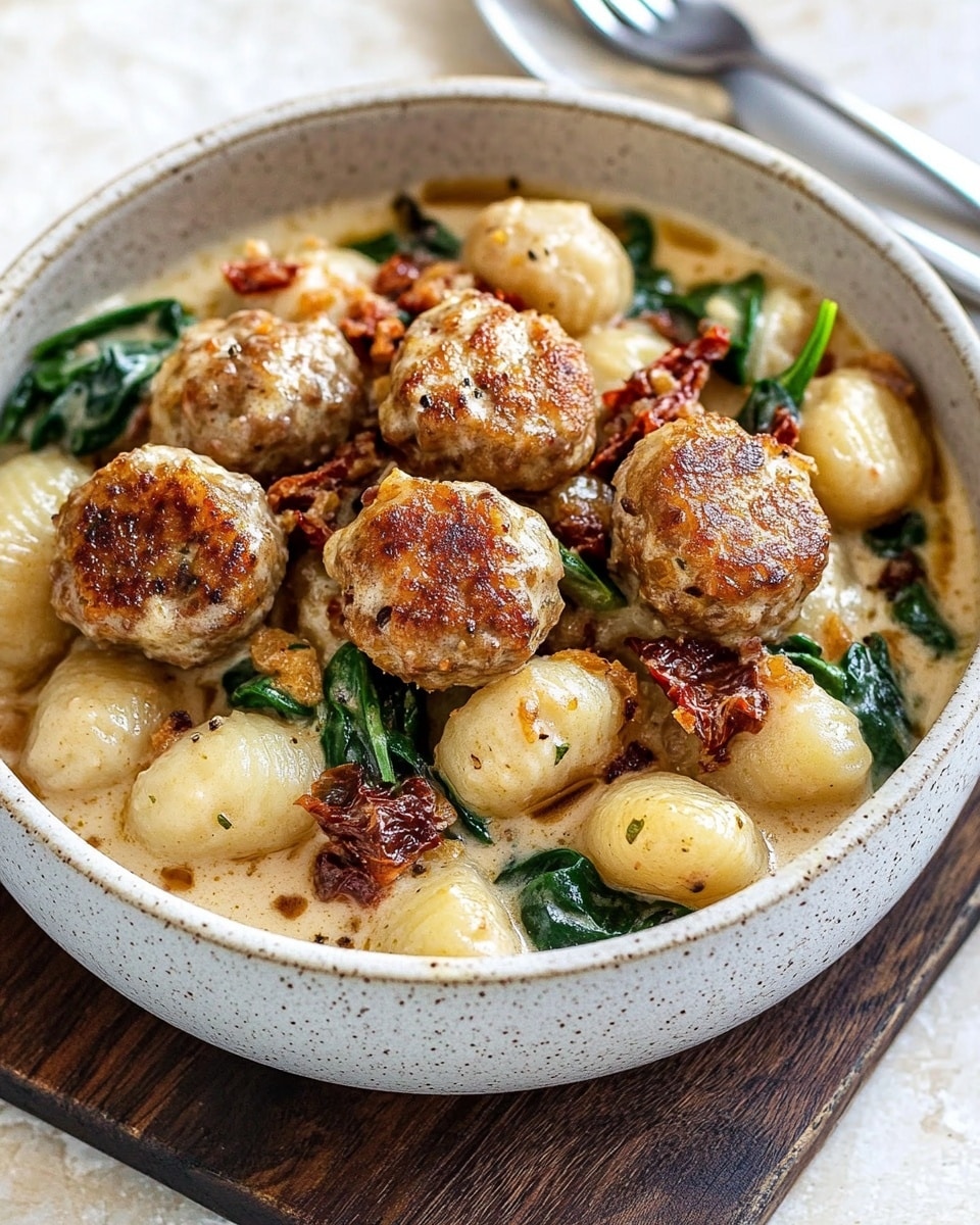 A round white ceramic bowl holds a creamy dish layered with small, light yellow gnocchi scattered throughout, mixed with wilting dark green spinach leaves and irregular pieces of sun-dried tomatoes in deep red hues. On top, there are several browned meatballs with a slightly shiny, creamy sauce coating them, showing a light golden crust on their surface. The bowl rests on a piece of dark, rough wooden board, placed on a white marbled textured surface, with a silver fork and spoon lying crossed behind it. photo taken with an iphone --ar 4:5 --v 6.1