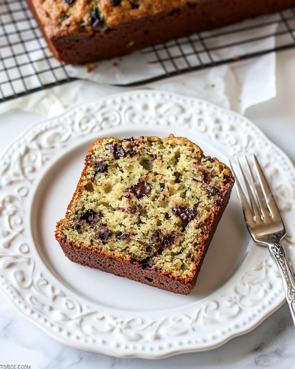 A single thick slice of chocolate chip zucchini bread rests on a white plate with a delicate floral cut-out pattern along the edge. The bread slice shows a moist, speckled texture with light green zucchini bits and scattered melted dark chocolate chips throughout, the top edge slightly browned. A silver fork with intricate designs is placed diagonally on the right side of the plate. In the background, additional slices and a loaf of the same bread sit on crumpled white parchment paper atop a wire cooling rack, all set on a white marbled surface. Photo taken with an iphone --ar 4:5 --v 6.1