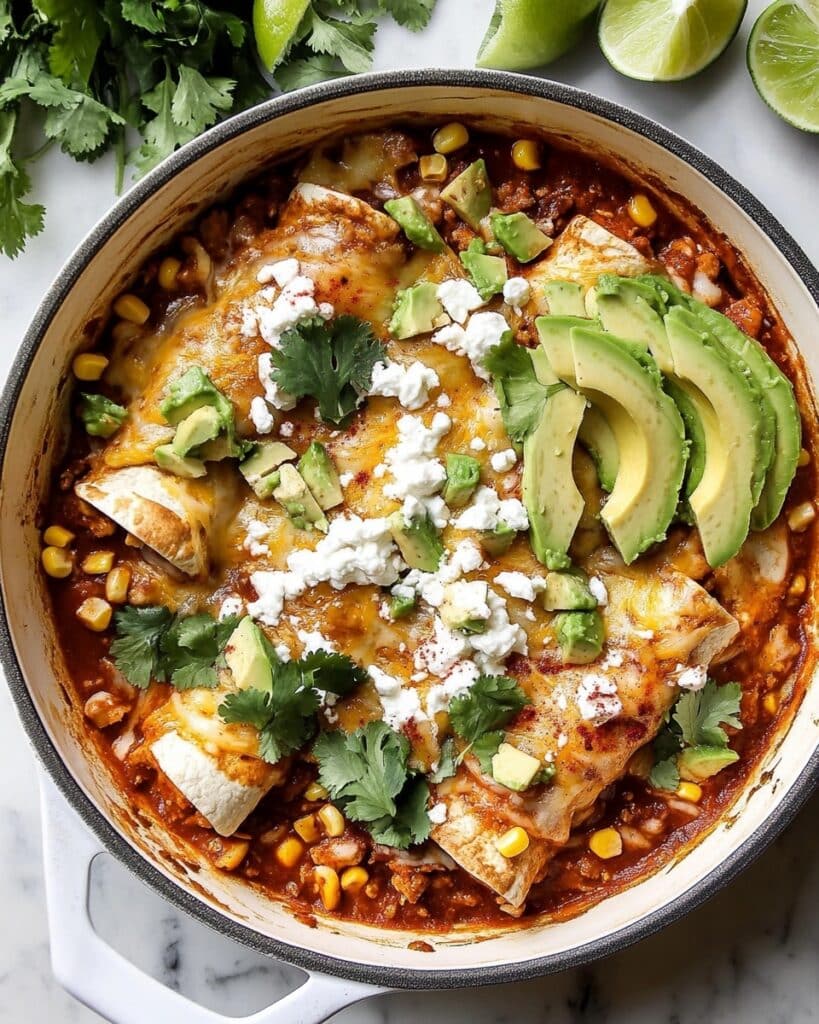 One Skillet Street Corn Chicken Enchilada Bake Recipe