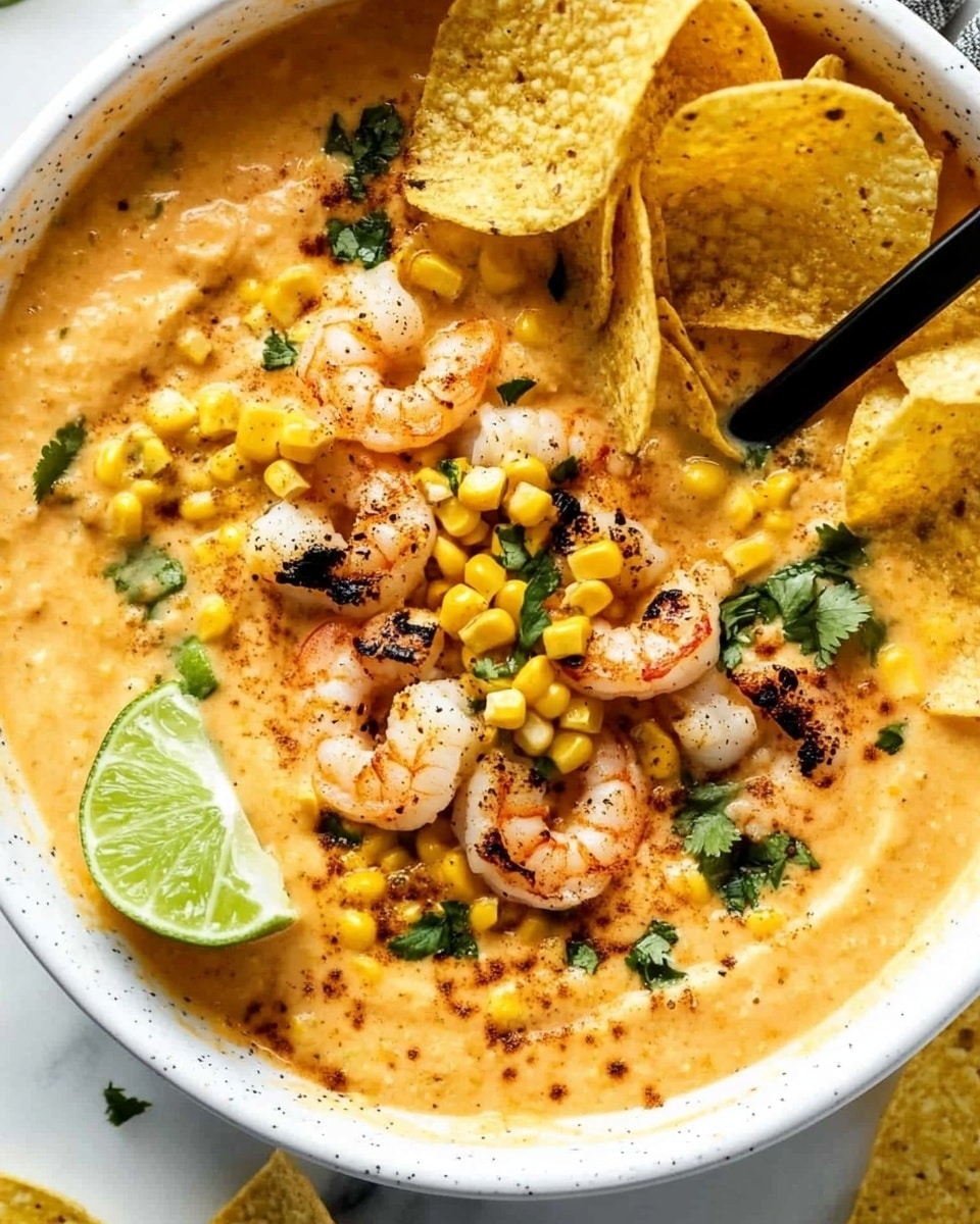 A white bowl filled with a creamy, light orange soup layered with bright yellow grilled corn pieces scattered on top, along with small white shrimp and finely chopped green herbs. There are golden-yellow curved chips spread on one side, adding a crunchy texture, and a lime wedge is placed at the edge of the bowl for a fresh contrast. A black spoon is partially dipped in the soup, showing the rich texture of the broth. The bowl sits on a white marbled surface. photo taken with an iphone --ar 4:5 --v 6.1