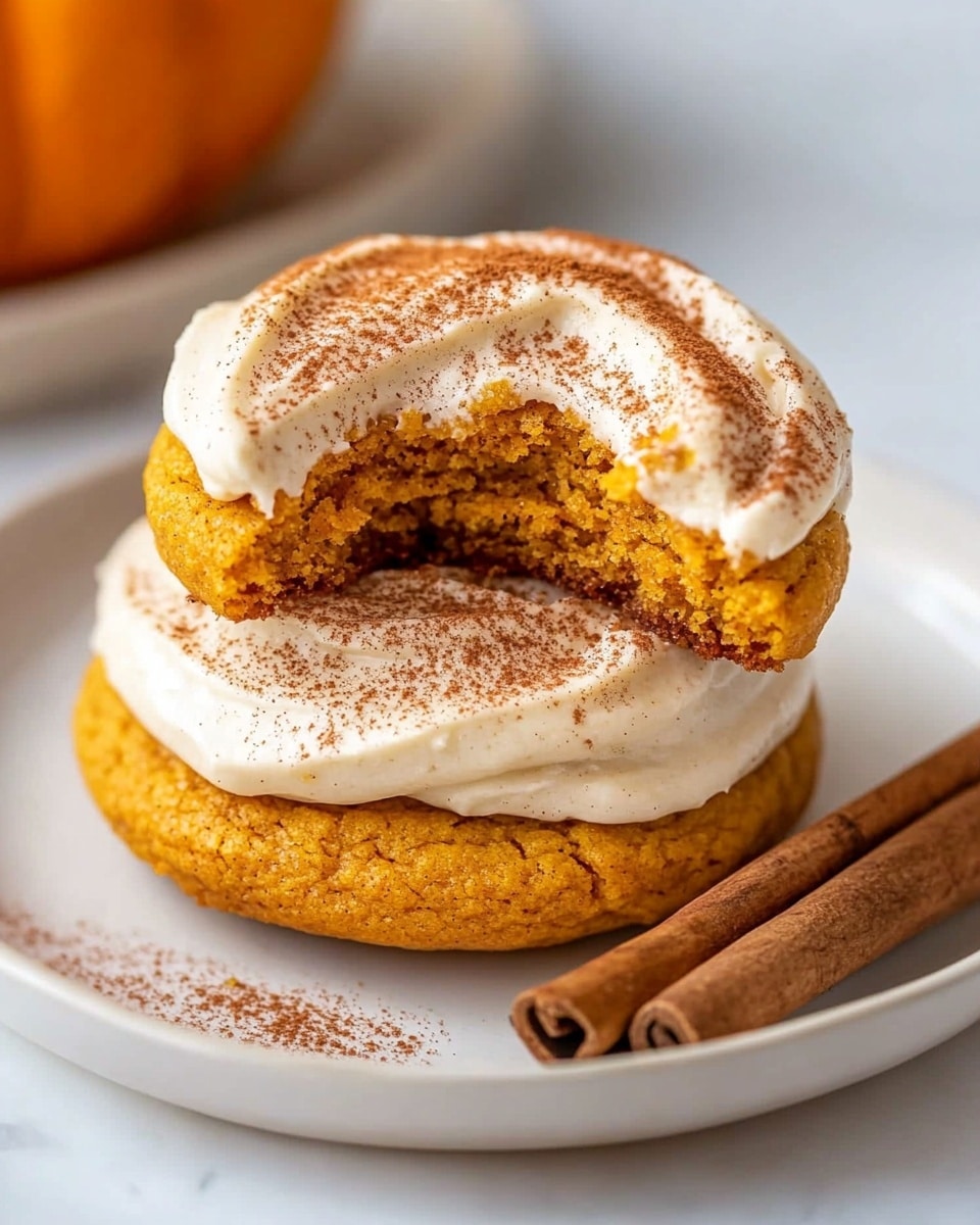 A white round plate sits on a white marbled surface, holding seven pumpkin cookies each topped with a thick layer of creamy white frosting swirled smoothly on top. The cookies are orange-brown with a soft texture showing subtle cracks. One cookie is broken into two pieces with crumbs scattered nearby, revealing its soft inside. The frosting’s creamy texture contrasts nicely with the denser cookie underneath. A portion of a red and white striped cloth is visible in the top right corner of the image. Photo taken with an iphone --ar 4:5 --v 6.1
