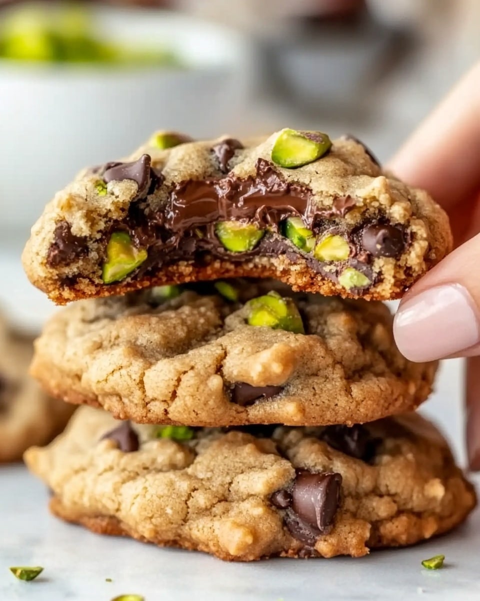 Two thick, chunky cookies stacked on top of each other are filled with chocolate chips and visible green pistachio pieces. The cookies have a golden-brown color with a rough, crumbly texture on the edges and a slightly soft, chewy look inside. A woman's fingers are holding the top cookie, which is split in half, showing the soft inside and melting chocolate. The cookies rest on a white marbled surface with blurred bowls and ingredients in the background. photo taken with an iphone --ar 4:5 --v 6.1