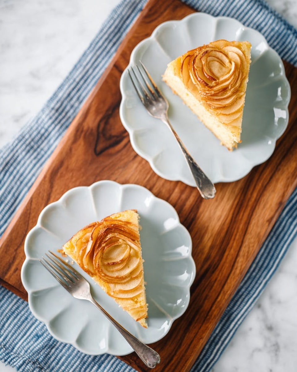 Two slices of a light golden cake with a pale yellow inside and thin, caramelized apple slices arranged in a rose shape on top sit on two white scalloped-edge plates. Each slice has a silver fork placed next to it on the plate. Both plates rest on a rich wooden board that covers part of a blue and white striped cloth underneath. The background is a smooth white marbled surface. photo taken with an iphone --ar 4:5 --v 7