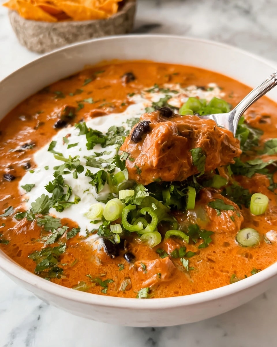 A white bowl filled with thick, creamy orange-red soup that has chunks of tender meat and black beans mixed in. The soup is garnished on one side with a large pile of thinly sliced green onions and fresh chopped cilantro. A dollop of smooth white sour cream sits on top of the soup, partially covered by the herbs. A silver spoon is lifting a spoonful of soup with cream and herbs from the bowl. The bowl is placed on a white marbled surface with a stone bowl of orange chips slightly visible in the background. Photo taken with an iphone --ar 4:5 --v 7