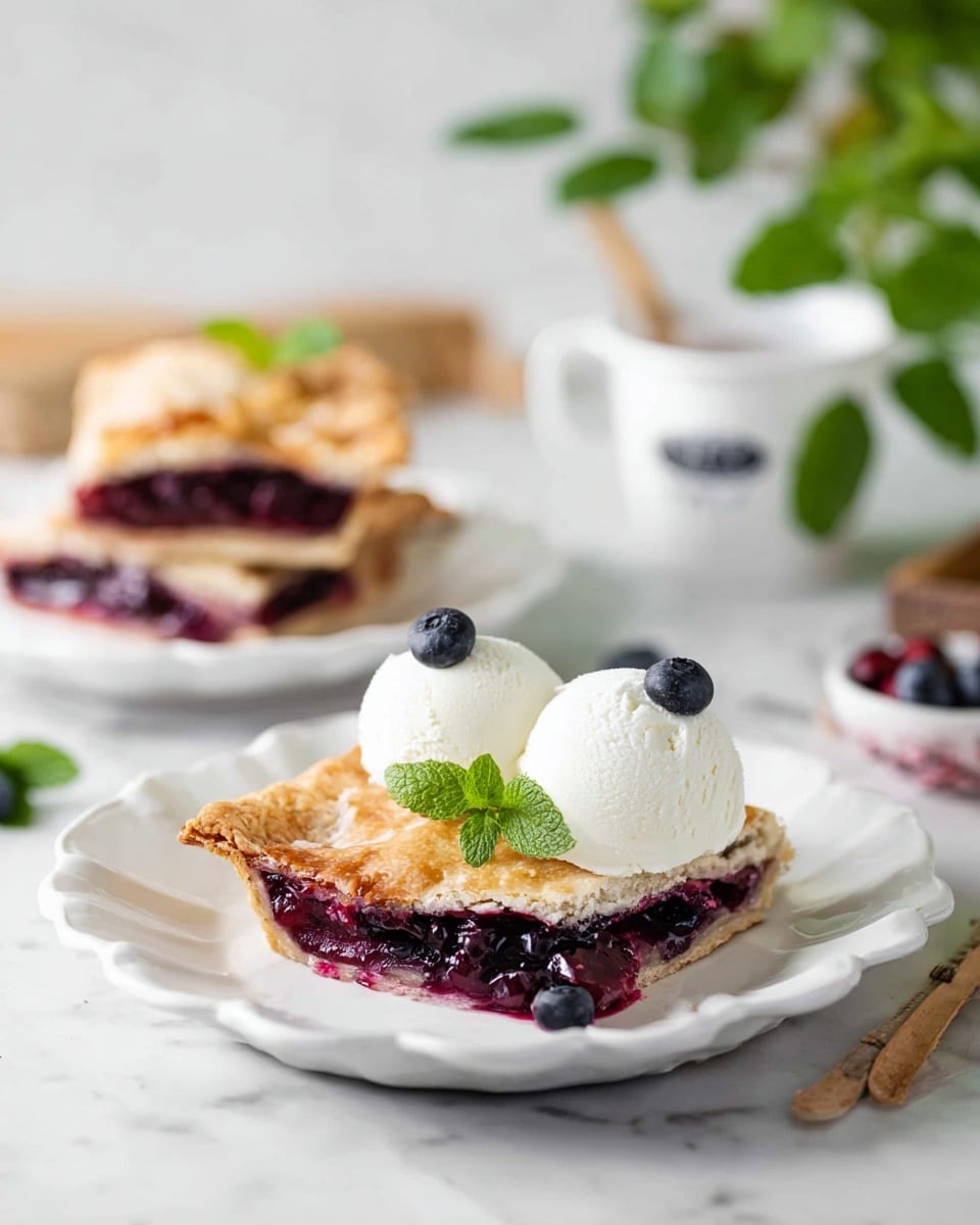 A square slice of berry pie with golden, slightly browned crust on top rests on a scalloped white plate, showing a deep purple berry filling layer beneath the crust and a light beige bottom crust layer; next to the pie are two white scoops of ice cream with a smooth creamy texture, topped with a small dark blueberry and a bright green mint leaf. In the background, there is a white plate holding more slices of the same pie, stacked in a small pile. The setting is on a white marbled surface, with some soft green leaves and berries blurred softly in the background. Photo taken with an iphone --ar 4:5 --v 7