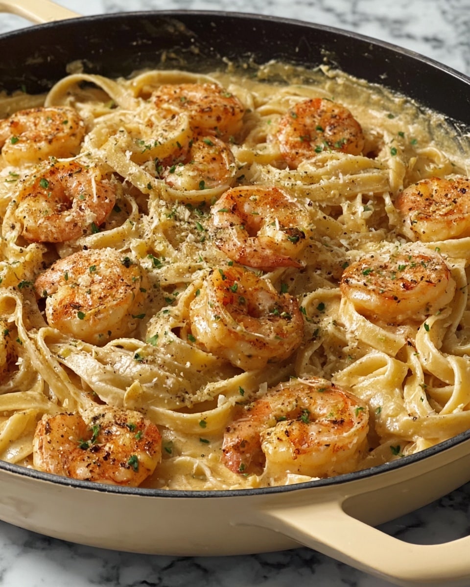 A close-up view of a creamy shrimps pasta dish served in a beige pan with handles. The dish has one main layer of flat fettuccine noodles coated in a light brown creamy sauce that glistens under the light. Scattered evenly on top, there are large, orange-pink cooked shrimp with visible seasoning. The entire dish is sprinkled with finely chopped green herbs and black pepper for added texture and color. The background features a white marbled surface. photo taken with an iphone --ar 4:5 --v 7