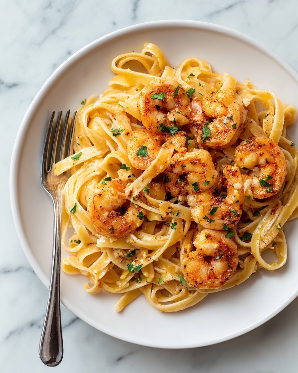 A close-up view of a white bowl filled with creamy fettuccine pasta and golden fork beside it, piled in soft yellow layers. Large orange shrimp with a slight char are scattered evenly on top and mixed throughout. Bright green parsley and spinach leaves add color contrast while small black pepper flakes and a light sprinkle of cheese add texture. A silver fork lifts a twirl of pasta from the middle, showing off the smooth, slightly creamy sauce on the noodles. The background is a white marbled surface. photo taken with an iphone --ar 4:5 --v 7