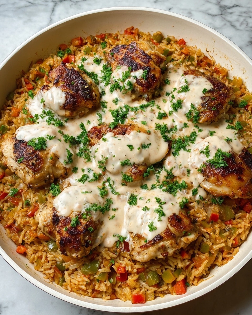 A large white round dish filled with a layer of cooked rice mixed with small pieces of red, green, and yellow bell peppers and bits of tomato, giving it a reddish-orange color and a slightly chunky texture. On top, there are six browned, grilled chicken pieces evenly placed, each covered with a pale cream sauce that has a smooth texture with small specks of herbs or spices. Fresh green parsley is sprinkled lightly over the chicken and rice, adding a fresh, vibrant contrast. The dish sits on a white marbled surface background. photo taken with an iphone --ar 4:5 --v 7