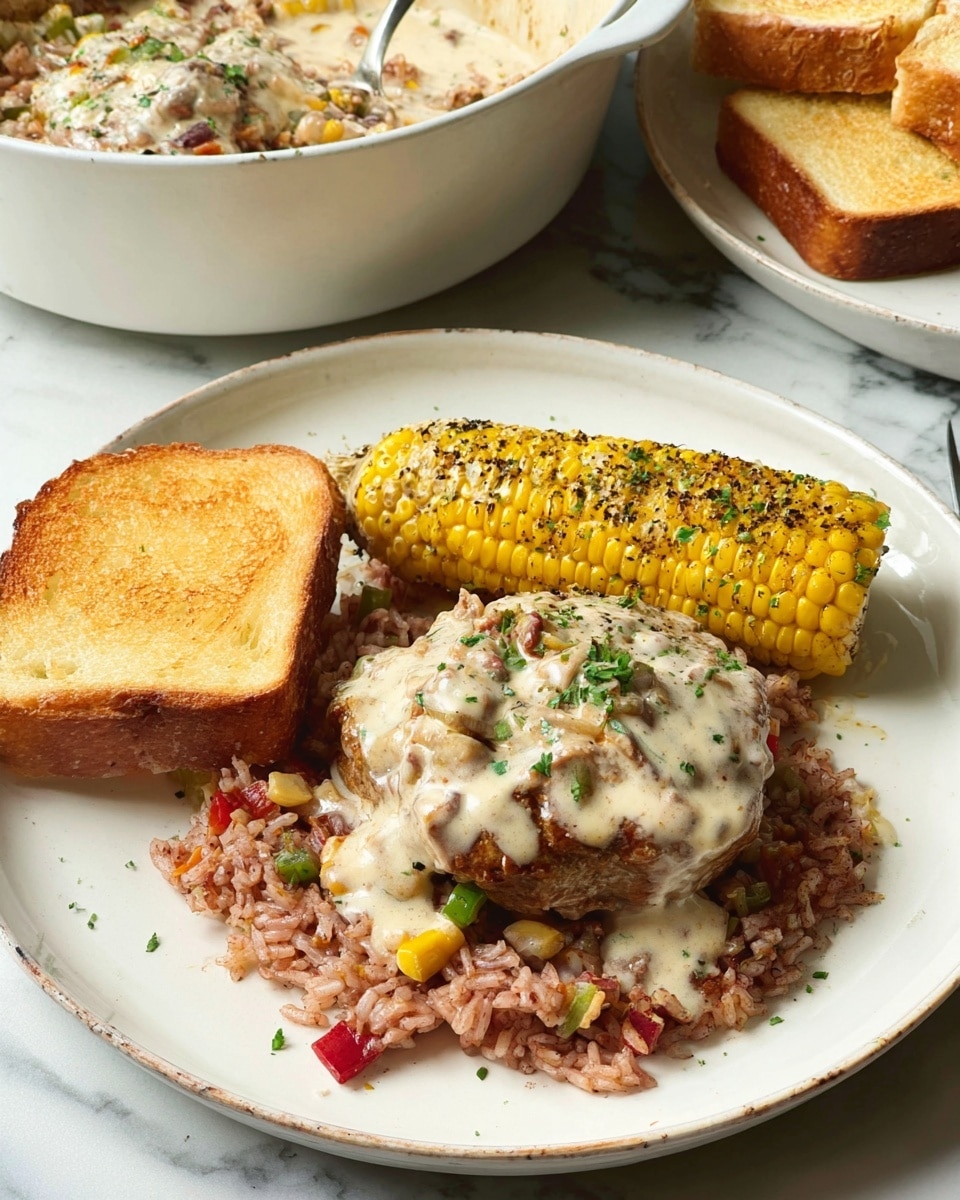 On a white plate, there is a thick layer of reddish-brown rice with bits of green and red vegetables mixed in at the base. On top of the rice sits a piece of browned meat covered with a creamy, light beige sauce that has small green herbs scattered throughout. To the right of the meat and rice, a yellow and white corn on the cob with visible kernels is sprinkled with green herbs and black pepper. On the left side of the plate, there is a single slice of golden toasted bread. The plate is sitting on a white marbled surface, and in the background, there is a white bowl with more of the creamy sauce-topped meat and rice, as well as another white plate with two slices of toasted bread visible. Photo taken with an iphone --ar 4:5 --v 7
