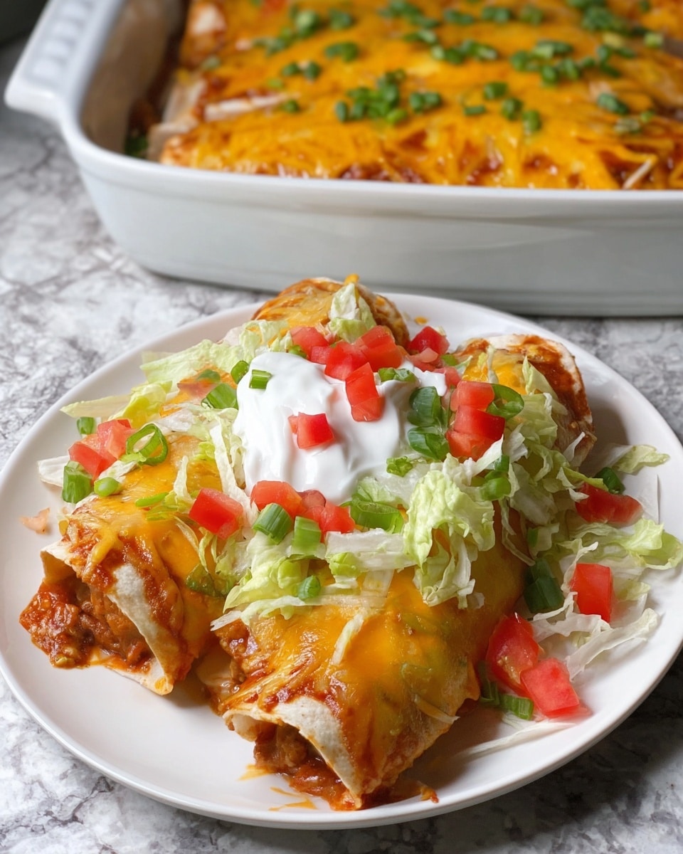 The image shows a white plate with a layered taco casserole piece topped with melted yellow and white cheese, small green onion pieces, chopped lettuce, and diced red tomatoes scattered around. The casserole layer includes a base of golden taco shell, a thick middle layer of cooked brown ground beef mixed with sauce, and a thick layer of melted cheese on top. A fork holds up a bite showing these layers with a dollop of white sour cream on top. In the background, a woman's hand holds a white rectangular baking dish filled with more of the taco casserole that has a top layer of melted cheese and green onions. The surface underneath is a white marbled texture. photo taken with an iphone --ar 4:5 --v 7