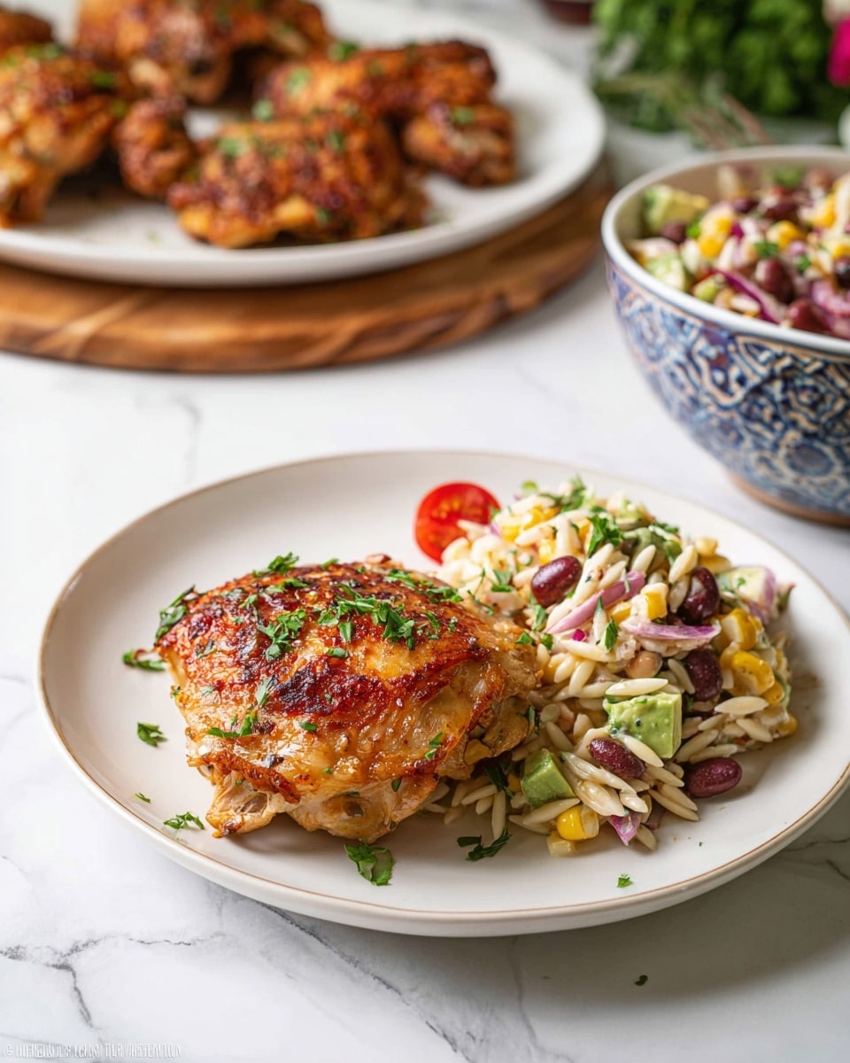 A white plate sits on a white marbled surface, holding a single piece of cooked chicken with a golden-brown crispy skin, sprinkled with green parsley leaves. Next to the chicken is a serving of orzo pasta salad mixed with small chunks of avocado, kidney beans, sweet corn, and red onion, with a few sliced cherry tomatoes peeking through, all topped with more fresh parsley. In the background, there is a white plate with more pieces of chicken placed on a wooden board, and a patterned blue and white bowl filled with a bean and nut salad. The photo is taken with an iphone --ar 4:5 --v 7