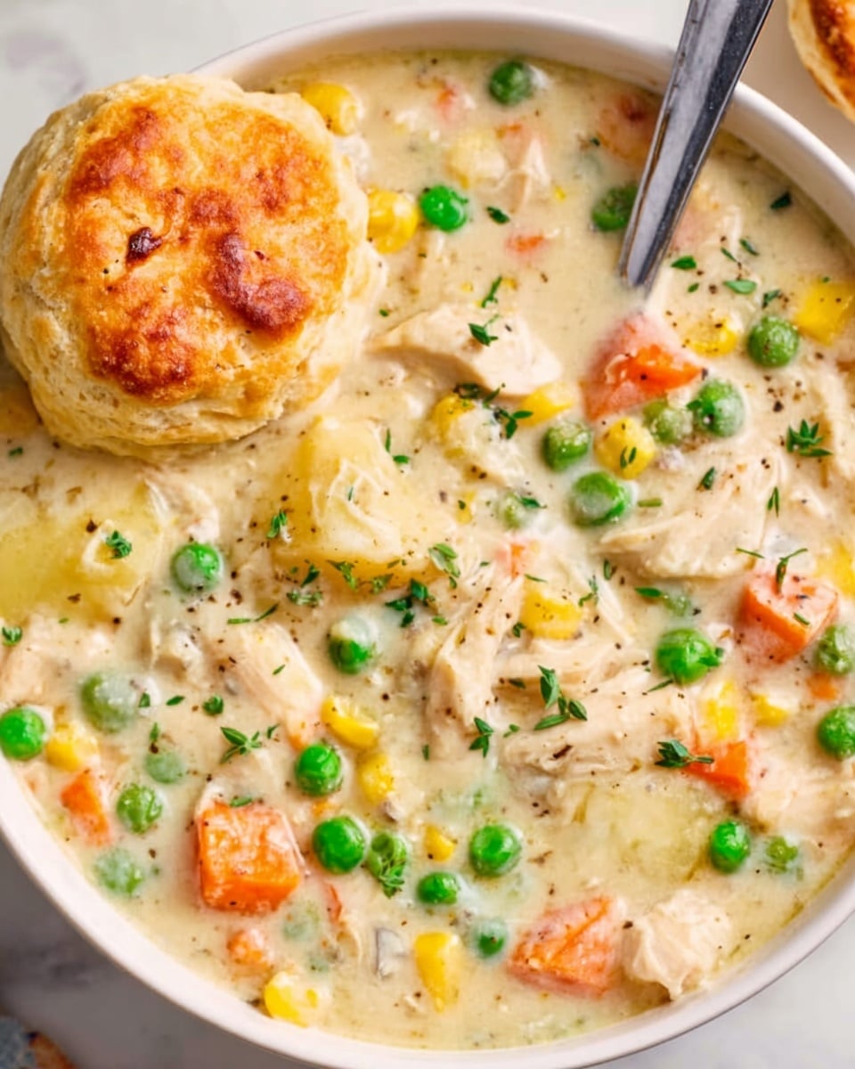 A white bowl filled with creamy chicken and vegetable soup sits on a white marbled surface. The soup has a thick, light beige broth with visible pieces of orange carrots, green peas, yellow corn, and white chicken chunks scattered throughout. There is one golden-brown biscuit partially dipped into the soup near the edge of the bowl. Small green herb sprinkles are on top, and a metal spoon rests inside the bowl on the right side. The texture looks smooth and rich with colorful ingredients evenly spread. Photo taken with an iphone --ar 4:5 --v 7