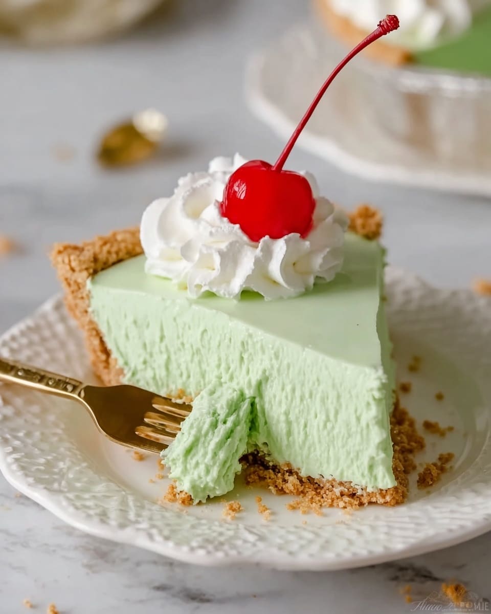 A slice of light green creamy pie with two layers: a thick green mousse-like filling on top and a thin, beige crumbly crust at the bottom. The slice is topped with a dollop of white whipped cream and a bright red cherry with a long stem. The slice sits on a white plate with a decorative edge, and a gold fork is pressing gently into the green filling from the left side. The background is a white marbled surface with some golden crumbs scattered around. Photo taken with an iphone --ar 4:5 --v 7