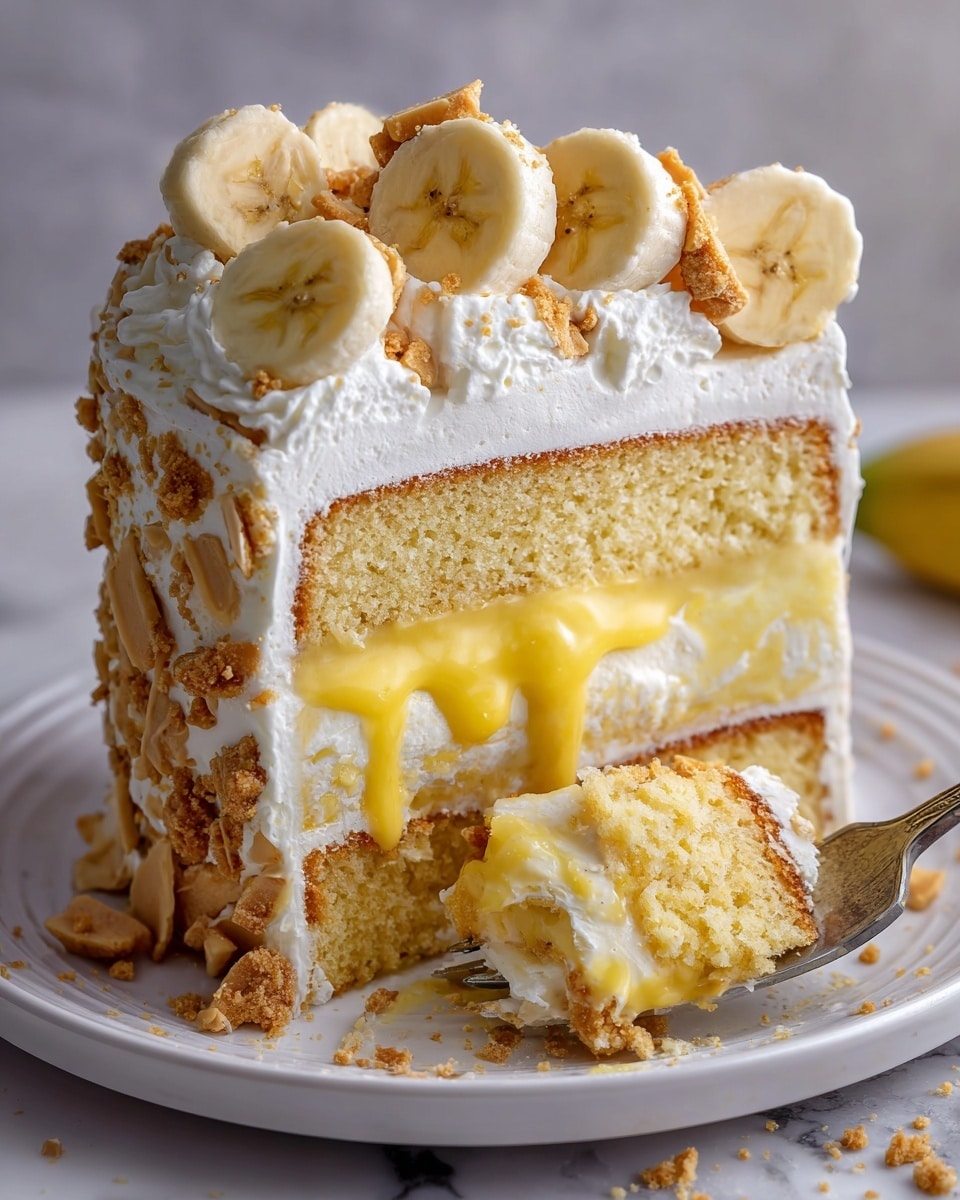 The image shows a slice of soft yellow cake with a moist texture, layered with a smooth, glossy yellow banana pudding filling in the middle. On top of the cake is a thick layer of white whipped cream, decorated with fresh banana slices and broken pieces of light brown cookie bits. A silver fork is inserted into the slice, lifting a bit of cake along with whipped cream and banana. The cake sits on a white marbled surface with some crumbs scattered around. Photo taken with an iphone --ar 4:5 --v 7