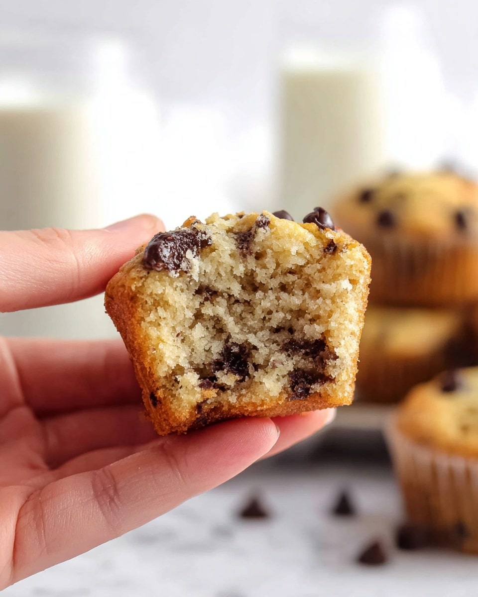 A close-up of a woman’s hand holding a small piece of chocolate chip muffin with a spongy, light brown texture full of dark chocolate chips, showing the crumbly inside clearly. In the blurry background, more muffins are stacked, and there are two tall glasses of milk on a white marbled surface. The muffin has a slightly uneven top with a golden crust, and the chocolate chips are scattered evenly inside. photo taken with an iphone --ar 4:5 --v 7