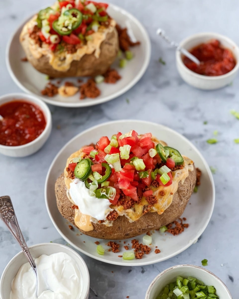 Two baked potatoes sit on white plates on a white marbled surface, each loaded with several layers. The bottom layer is the soft potato inside the crispy skin. On top of that, a creamy beige sauce is spread thickly, followed by a layer of reddish-brown crumbled topping scattered around the plate edges and a few on the potatoes. Bright red diced tomatoes are heaped next, covering most of the tops. One potato has sliced green jalapeños and chopped light green onions, while the other potato is garnished with just chopped light green onions. Both have a dollop of white sour cream in the center. Nearby are small white bowls holding red salsa and a white creamy sauce with a spoon in it. photo taken with an iphone --ar 4:5 --v 7