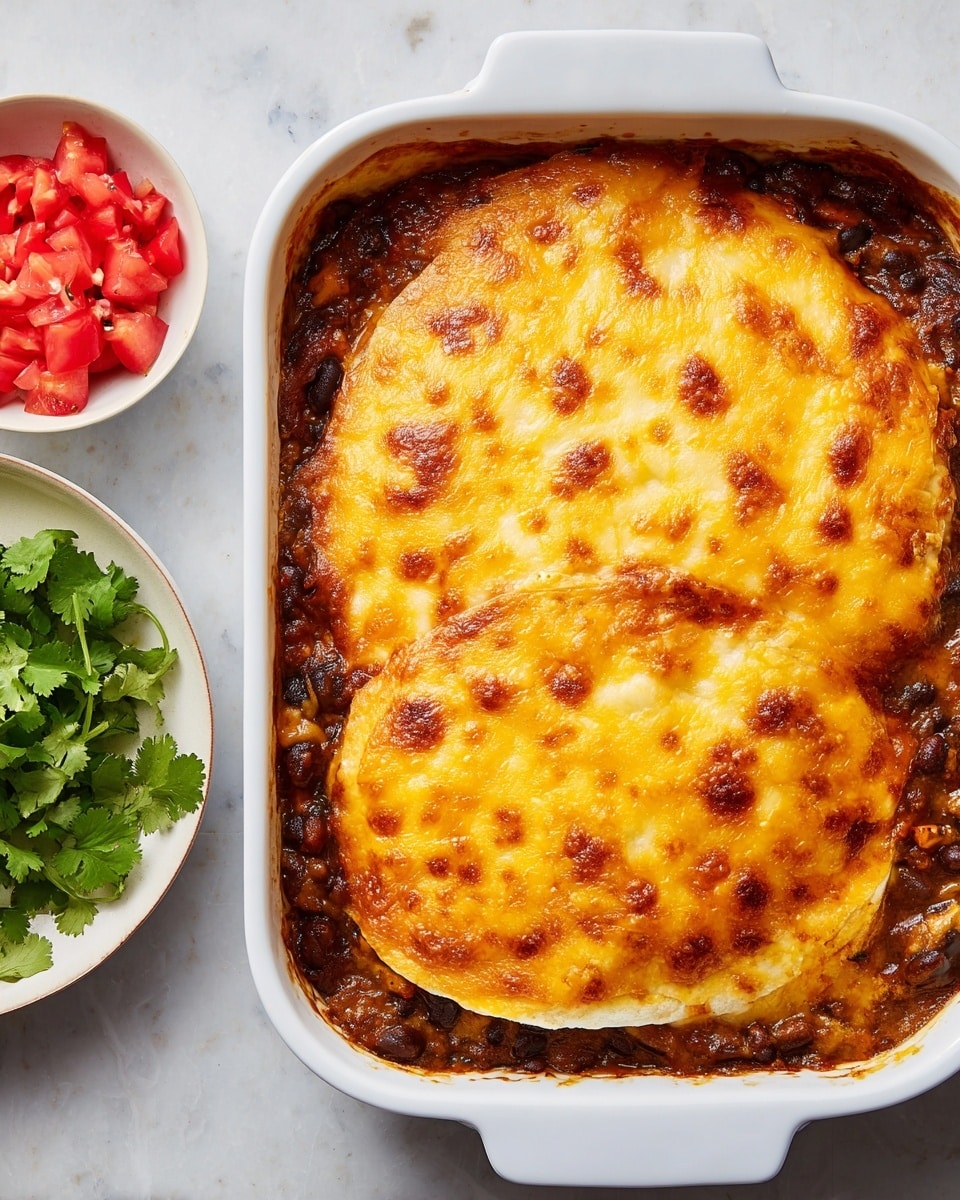 The image shows a white rectangular casserole dish filled with a layered casserole. The top layer is a golden-brown melted cheese layer with some crispy spots, covering two round tortilla layers underneath. Below the tortillas, there is a thick layer of dark mixed beans and sauce visible around the edges. To the left, there is a small white bowl with red diced tomatoes and another small white plate with fresh green cilantro. The surface is a white marbled texture. Photo taken with an iphone --ar 4:5 --v 7