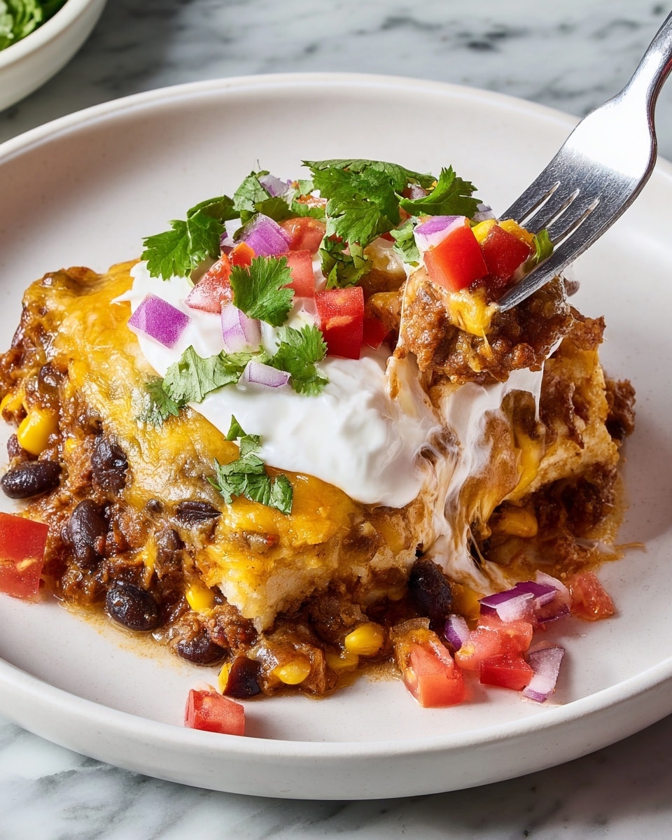 The dish is a layered casserole served on a white round plate. The bottom layer is a mix of cooked ground meat with black beans and corn, showing a dark brown and yellow speckled texture. Above this is a layer of melted, golden yellow cheese that covers the meat fully. On top of the cheese is a generous dollop of white sour cream, centered on the dish. Scattered on the sour cream and around the plate are small pieces of bright red diced tomato, finely chopped purple onion, and fresh green cilantro leaves. A silver fork is lifting a portion from the right side, revealing the cheesy, meaty layers beneath. The plate sits on a white marbled surface. Photo taken with an iphone --ar 4:5 --v 7