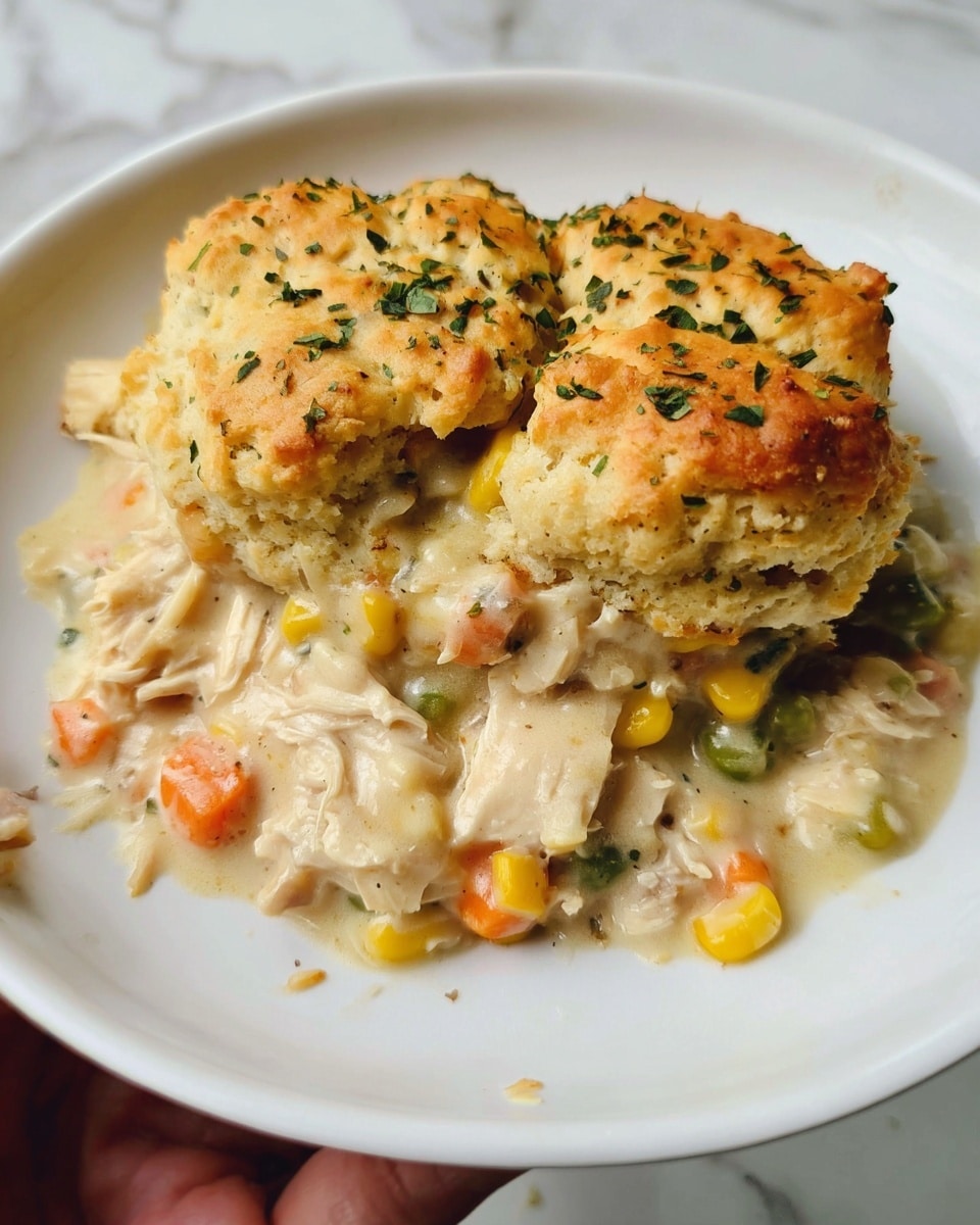 A white round plate holds a serving of chicken pot pie casserole with two distinct layers visible. The bottom layer is a creamy mix of shredded chicken, small pieces of orange carrot, yellow corn kernels, and green herbs in a light beige sauce, having a smooth and thick texture. The top layer is a golden brown, slightly crumbly biscuit crust speckled with chopped green herbs, covering the creamy filling beneath. The plate is set against a white marbled background, and a woman's hand is holding the plate from the bottom edge. photo taken with an iphone --ar 4:5 --v 7