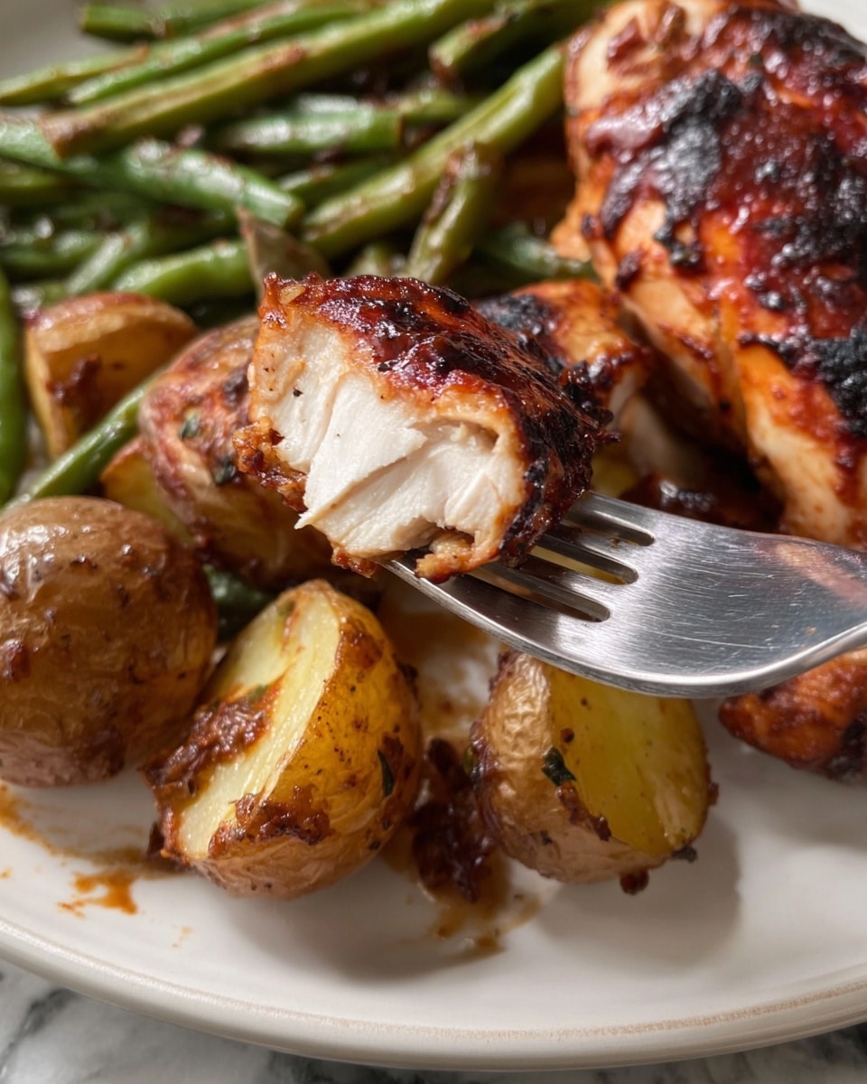 The image shows a white plate filled with a meal featuring two pieces of grilled chicken with a dark red, slightly charred outer layer. In the center, a close-up of a piece of chicken is held by a silver fork, showing a juicy, white inside with a golden-brown edge. Surrounding the chicken are roasted small potatoes with a browned, slightly crispy skin and green beans that are cooked but still firm, scattered around the plate. The plate rests on a white marbled surface. photo taken with an iphone --ar 4:5 --v 7