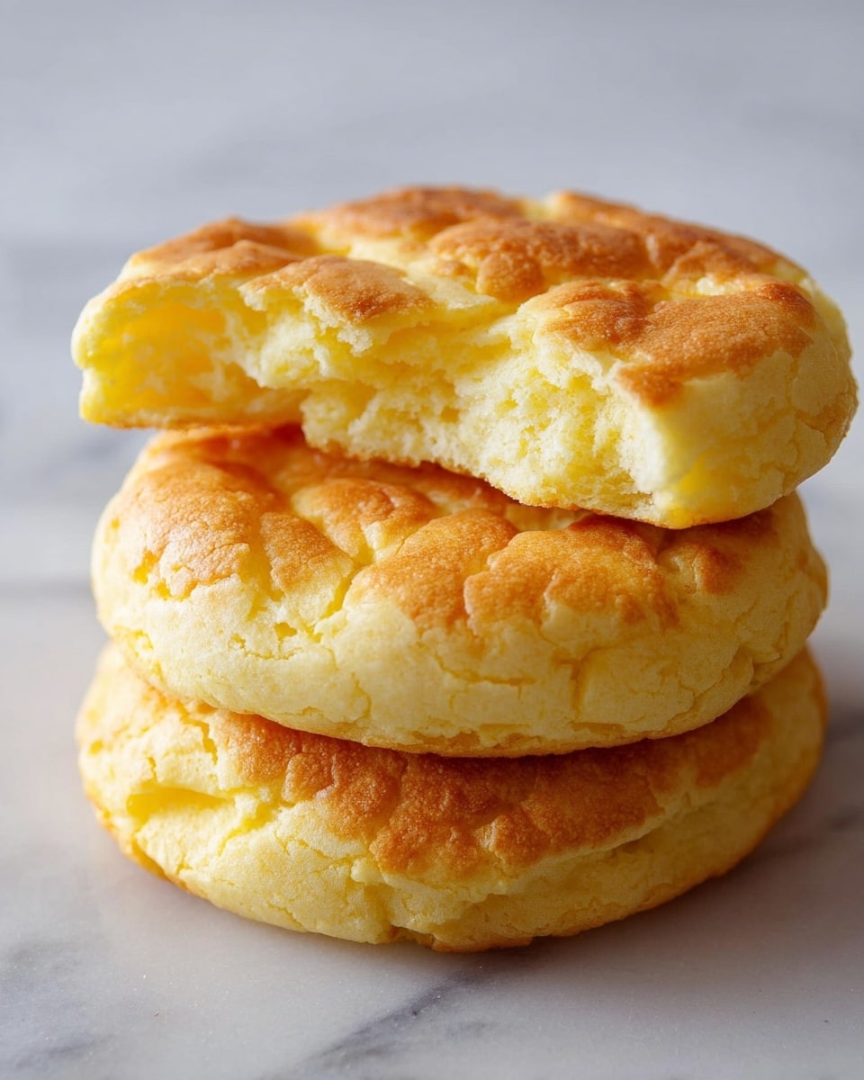 The image shows a stack of three round, fluffy, golden-yellow cloud-like breads on a white marbled surface. The breads have a light, airy texture with a slightly crisp, cracked top layer and soft, pale interiors visible where a piece is broken from the top bread. The breads are positioned close together, with the top one slightly overlapping the others. The overall look is warm and inviting, with a soft glow on the surface of the breads that highlights their light texture. photo taken with an iphone --ar 4:5 --v 7