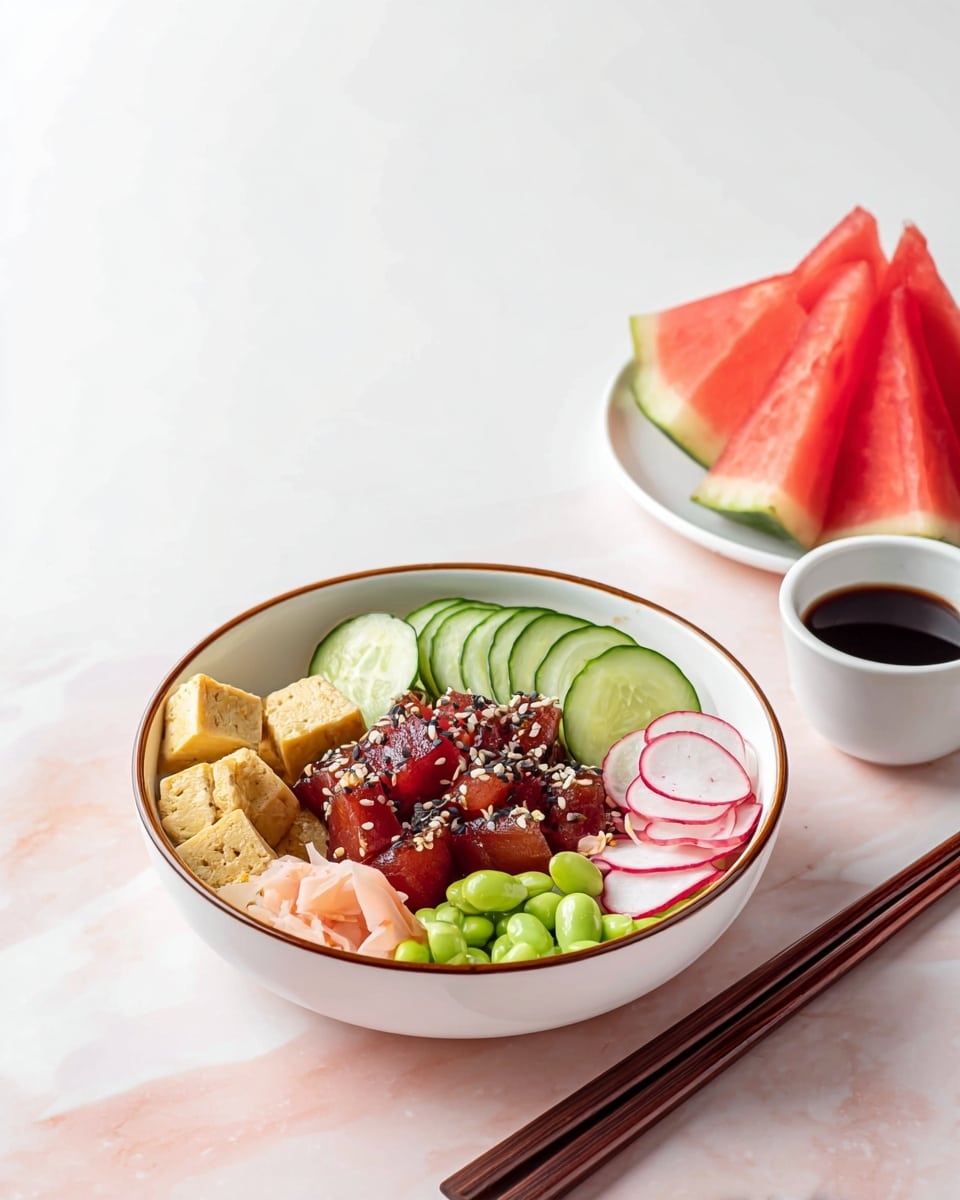 A white bowl on a white marbled surface holds a poke bowl with five clear layers: in the center, glossy dark red chunks of marinated fish topped with black and white sesame seeds; to the left, golden brown cubes of tofu; next to tofu, a small pile of pale pink pickled ginger; at the top left, thinly sliced light green cucumber arranged in a curved line; and at the top right, thin round slices of red and white radish followed by bright green edamame beans at the bottom right. In the background, a white plate holds several triangular slices of watermelon with red flesh and green rind. To the right of the bowl, dark wooden chopsticks rest across a small white cup filled with soy sauce. photo taken with an iphone --ar 4:5 --v 7