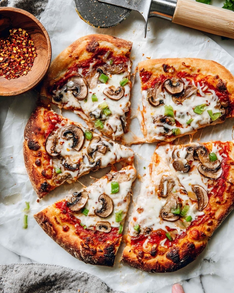 A single rustic pizza with a golden-brown crust, uneven in shape, sits on a white marbled surface. The base layer is bright red tomato sauce spread evenly. On top, small white mozzarella cheese rounds are scattered, melted slightly with a soft texture. Fresh green basil leaves are placed on top of the cheese, adding a fresh touch. Small black pepper specks are visible, sprinkled gently over the pizza. A woman's hand holds the edge of the pizza from the left side, with a small bowl of crushed red pepper flakes nearby and another cheese pizza partially visible to the top right. photo taken with an iphone --ar 4:5 --v 7