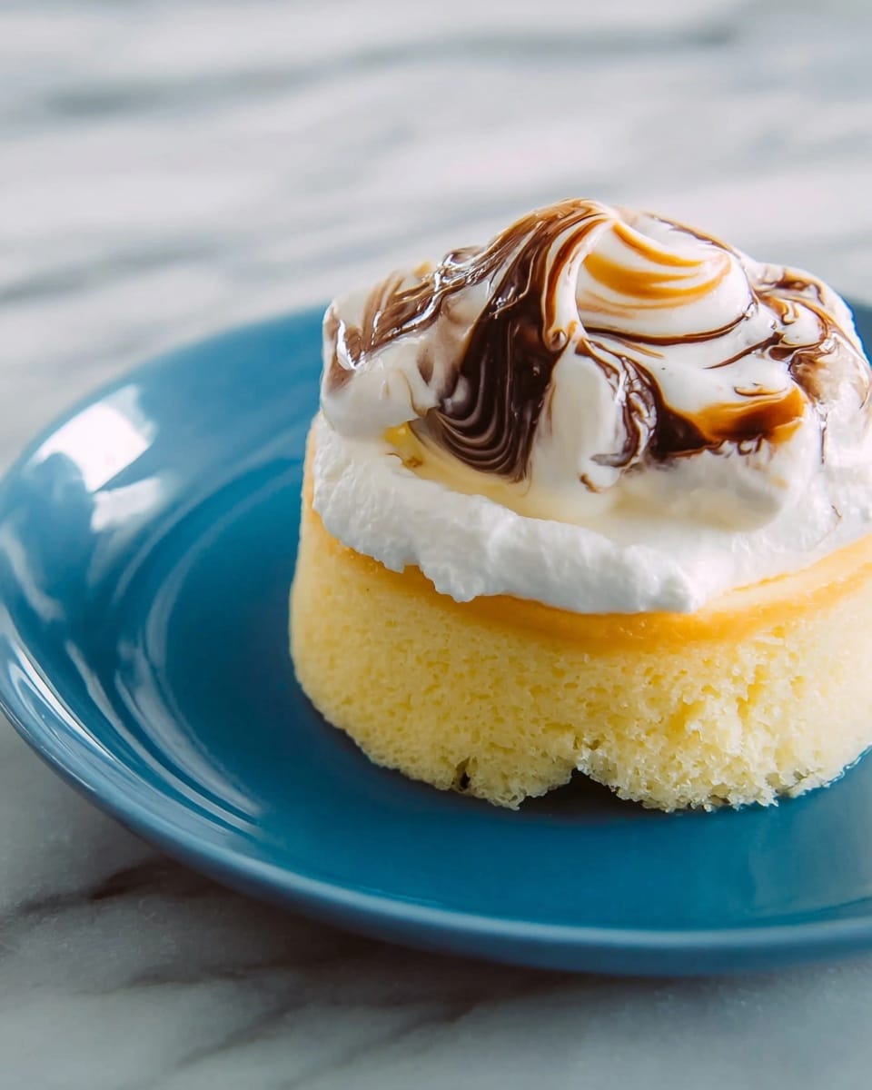 A dessert is shown on a white plate with a smooth, deep blue surface. The dish has two layers: the bottom layer is a light yellow cake with a soft and spongy texture, and the top layer is a thick white cream that looks fluffy and smooth. On top of the cream, there is a swirl of dark brown and white sauce creating a marbled pattern. The background surface is white marble. Photo taken with an iphone --ar 4:5 --v 7