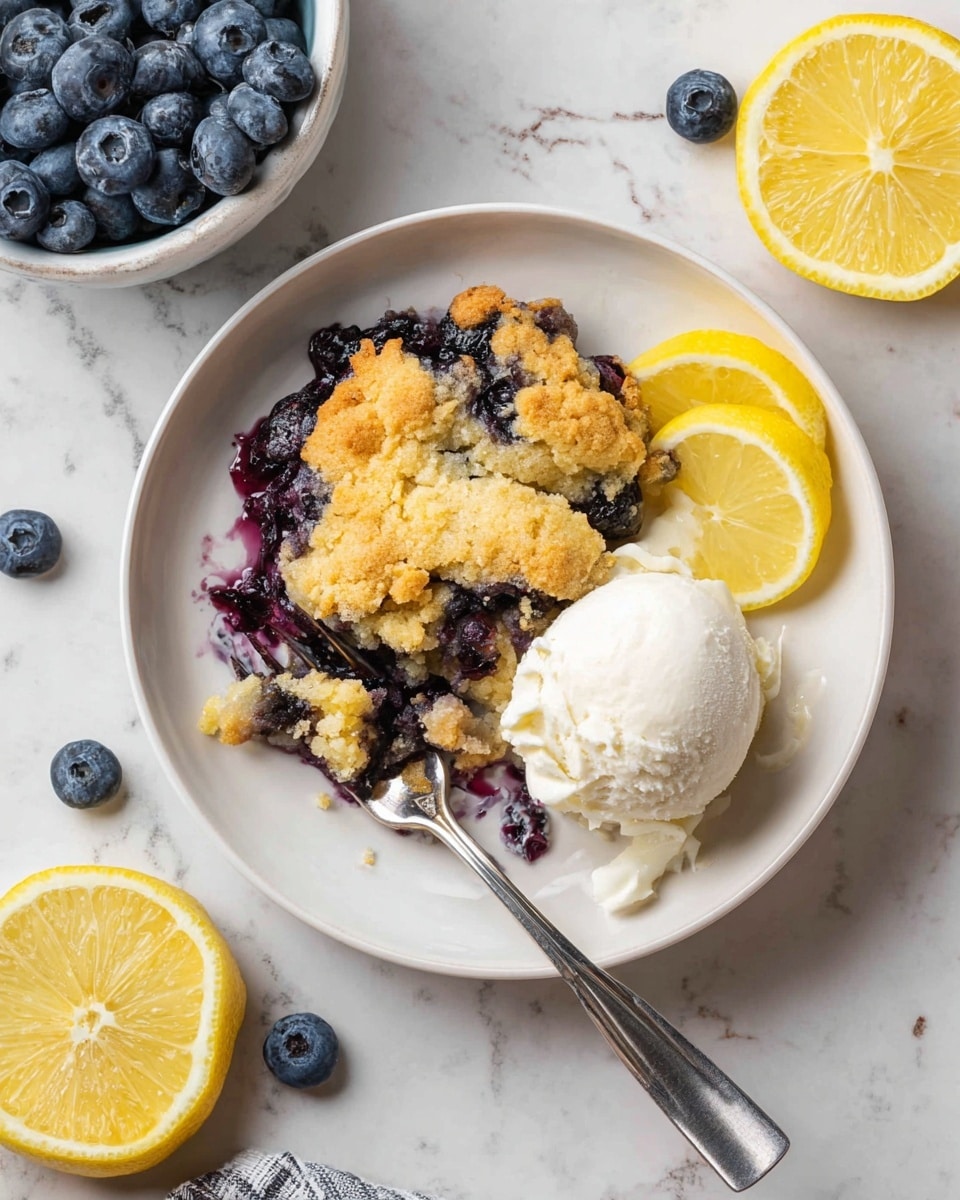 A small white plate holds a serving of blueberry cobbler with a golden-brown crust that is uneven and cracked, revealing dark purple blueberries inside. On the right side of the plate, a scoop of creamy white ice cream rests next to two thin, bright yellow lemon slices. A silver fork is placed near the ice cream, with its handle extending out from the plate. Around the plate, fresh blueberries and three additional lemon slices are scattered on a white marbled surface. photo taken with an iphone --ar 4:5 --v 7