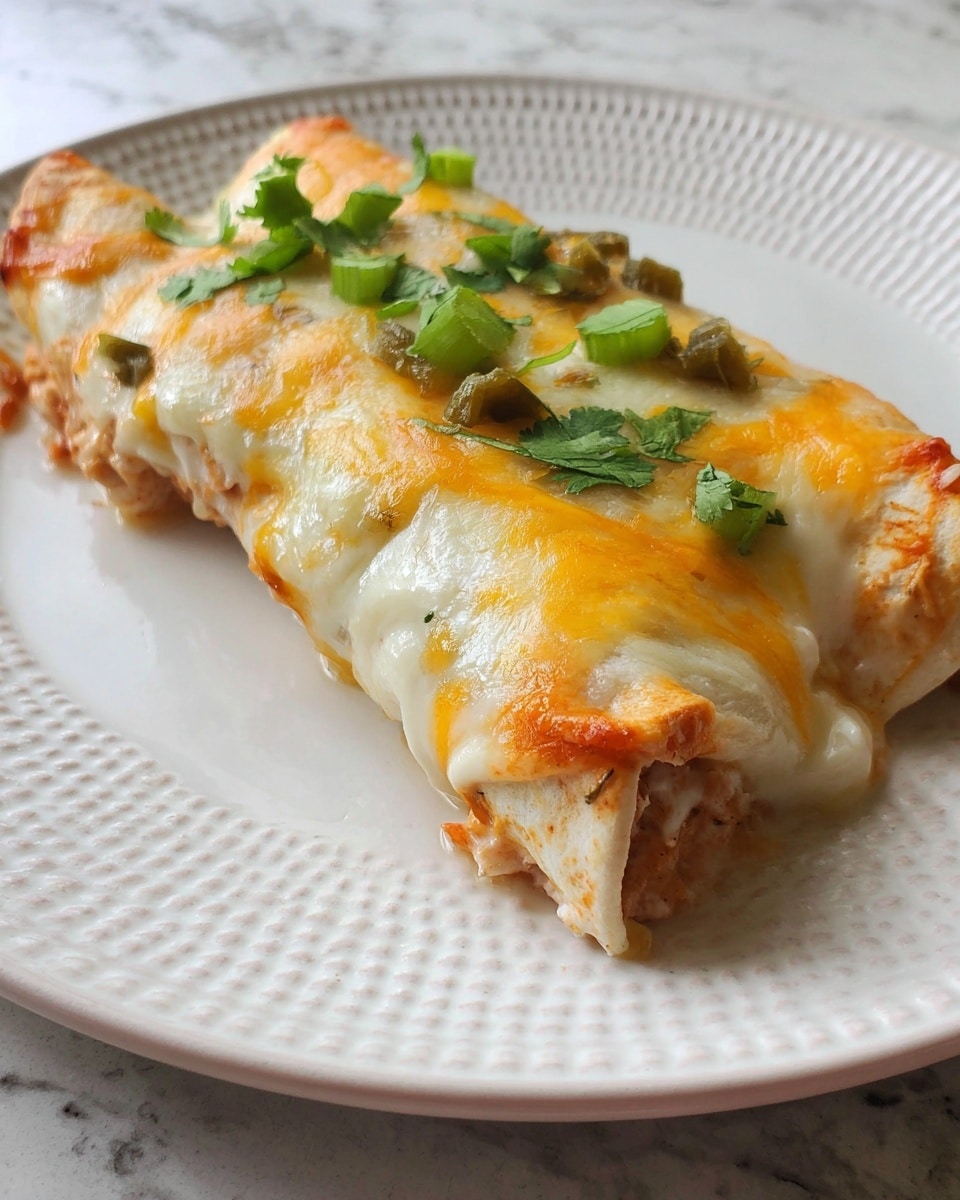 A single rolled enchilada sits on a white plate with a textured edge, placed on a white marbled surface. The enchilada has three visible layers: the bottom layer is a soft tortilla shell wrapped around a filling that appears to be light brown and orange. The middle layer is creamy white sauce with small bits of green pepper mixed in. The top layer is melted cheese in bright yellow and white colors with pieces of chopped fresh cilantro scattered on top. The edges of the tortilla are slightly browned and the overall texture looks soft and moist, with the cheese slightly bubbly. photo taken with an iphone --ar 4:5 --v 7
