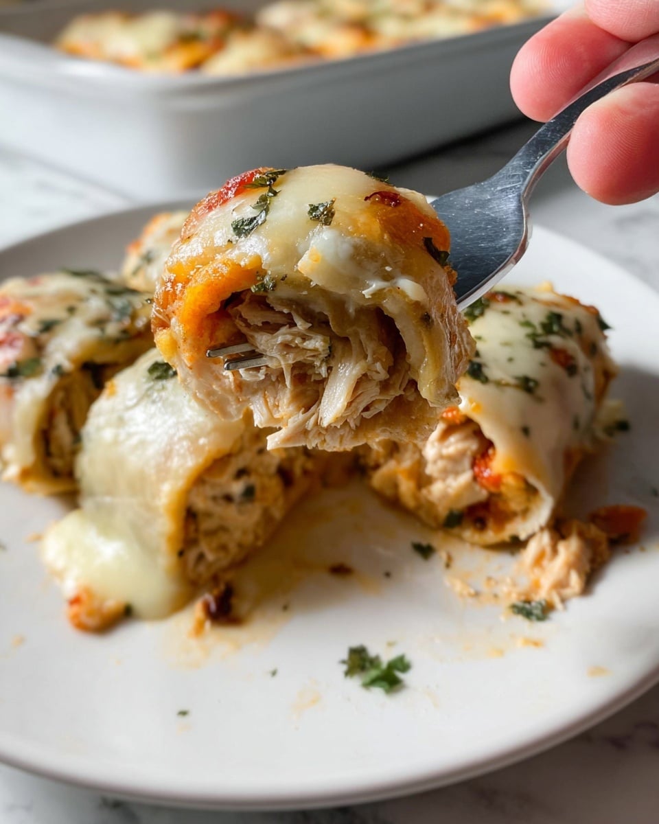 A close-up view shows a fork held by a woman's hand lifting a bite-sized piece of a rolled dish filled with shredded cooked chicken layered inside. The outer layer is covered with melted white and orange cheese, some parts browned from baking. The inside reveals a soft, creamy texture mixed with herbs and small bits of vegetables, with hints of red and green. In the background on a white plate, more pieces of the rolled dish appear, also topped with melted cheese and scattered green herb bits. The white plate sits on a white marbled surface. photo taken with an iphone --ar 4:5 --v 7