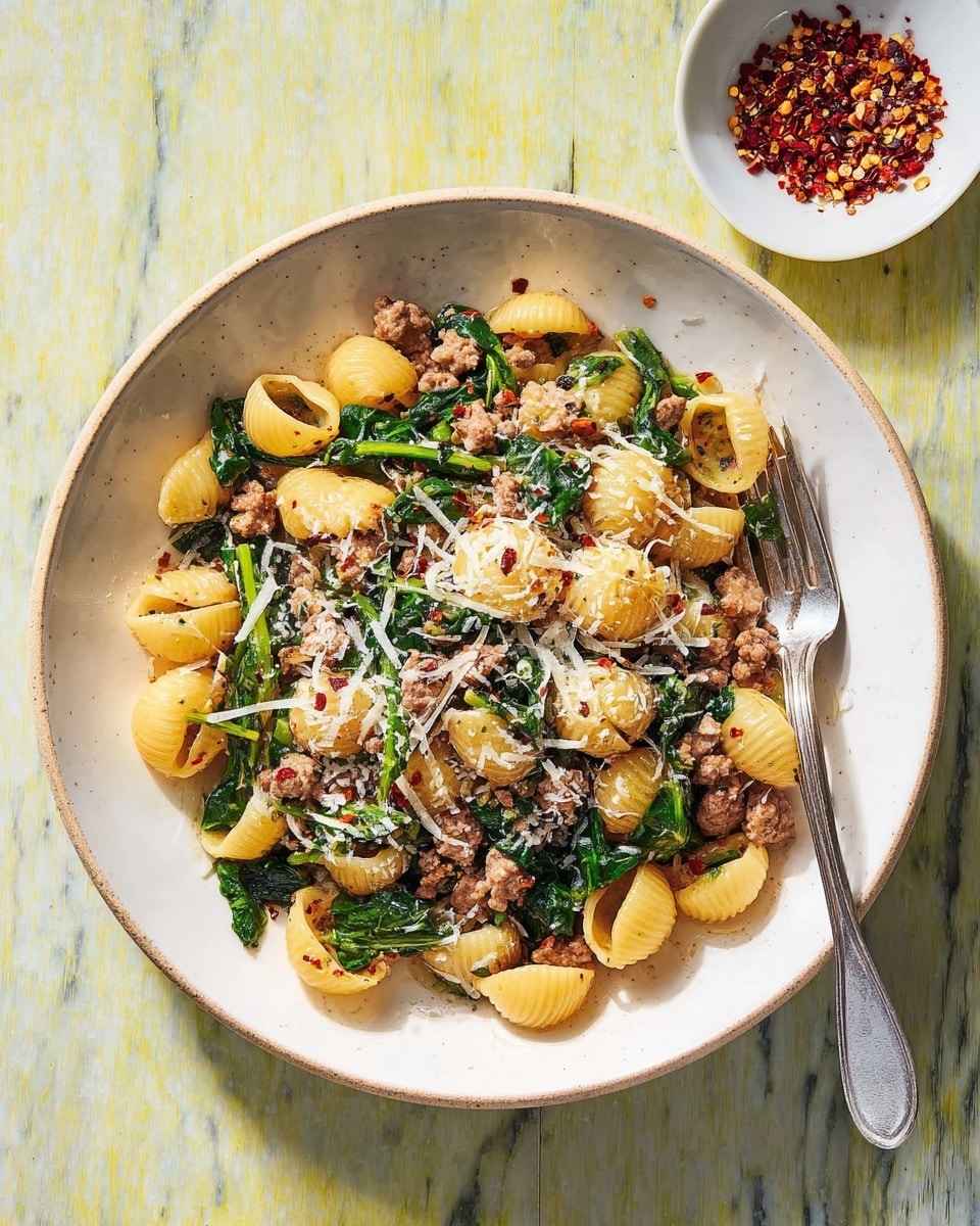 The image shows two white plates with a pasta dish made of small round pasta pieces, greens, and bits of light brown meat, all mixed together. The pasta is yellowish and smooth with a slight shine, layered with dark green leafy vegetables and sprinkled with white shredded cheese on top. Each plate has a metallic fork resting on the side, partly touching the pasta. Around the plates, there is a small white bowl with red chili flakes, another bowl filled with more white shredded cheese, two glasses of white wine, and a soft tan-colored cloth napkin, all set on a white marbled surface. The light creates soft shadows and highlights, giving the scene a warm and inviting feel photo taken with an iphone --ar 4:5 --v 7