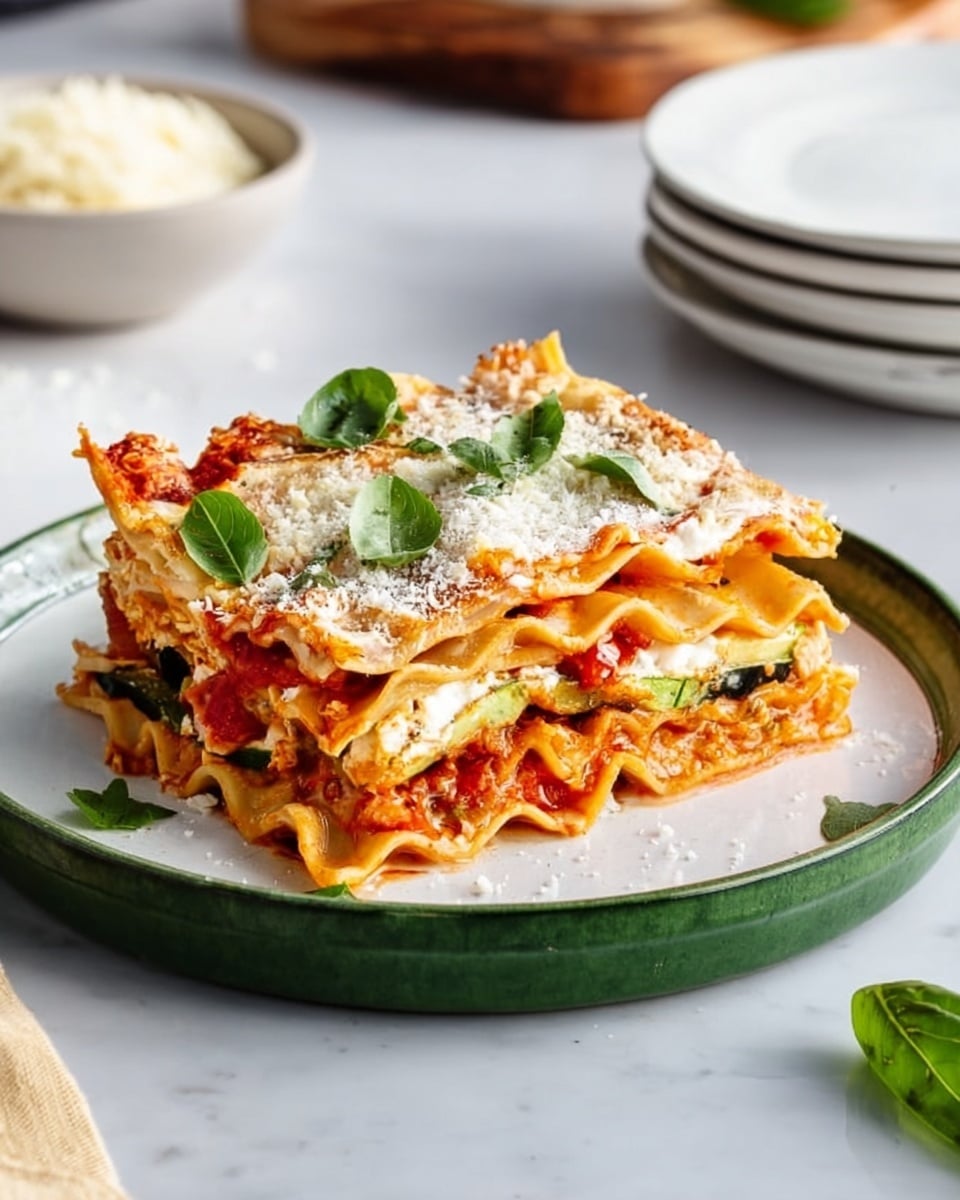 A piece of lasagna on a white plate with a green finish on the edges is shown, placed on a white marbled surface. The lasagna has three visible layers of wavy-edged pasta sheets. Between the layers, there is a mix of red tomato sauce, melted light orange cheese, white ricotta cheese, and green vegetables, possibly zucchini and basil. The top pasta layer is golden brown and crisp, sprinkled with grated cheese and fresh green basil leaves. In the background, there is a blurred bowl of grated cheese and a stack of white plates. Photo taken with an iphone --ar 4:5 --v 7