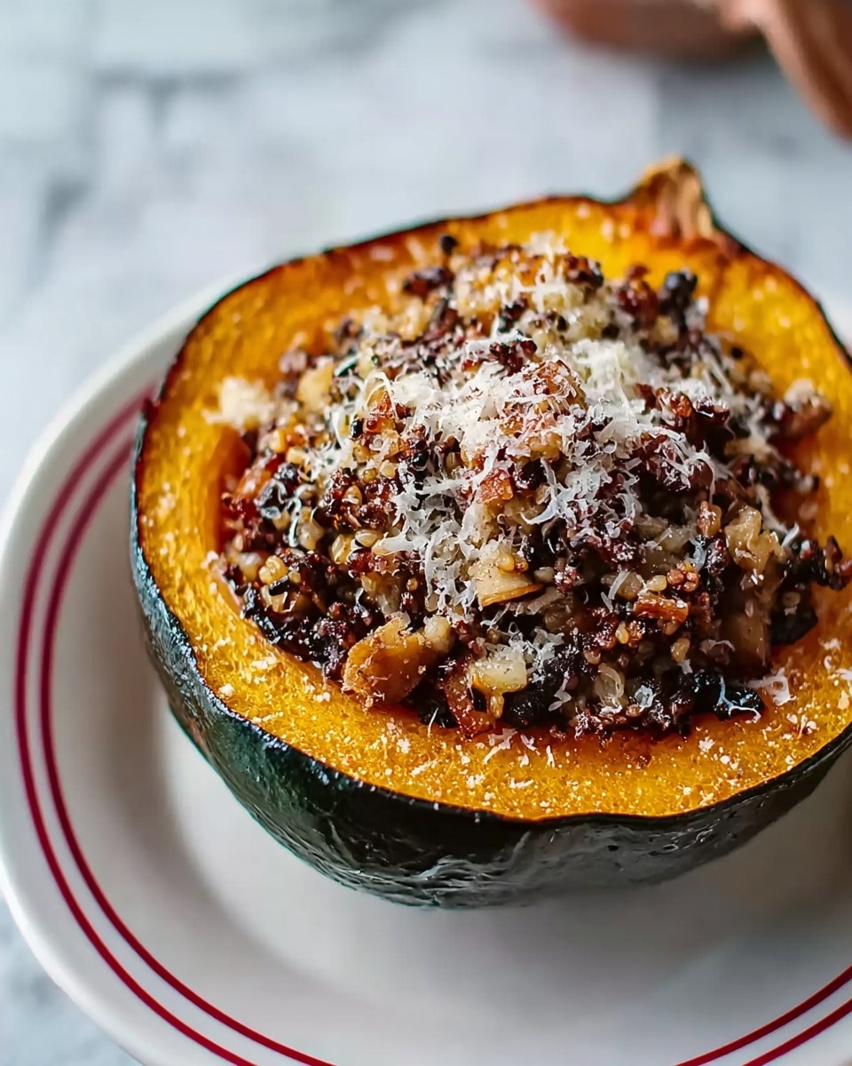 The image shows two white plates, each holding a halved acorn squash filled with a dark brown mushroom and nut mixture topped with light grated cheese. The squash has a golden yellow flesh with a smooth texture, and the filling appears chunky and slightly moist. Each plate has a silver fork resting beside the squash. The plates sit on a white cloth with a red stripe, all placed on a white marbled textured surface. Near the plates, there is a clear glass tumbler filled with a dark red drink. A woman's hand is holding one of the squash halves in the background. Photo taken with an iphone --ar 4:5 --v 7