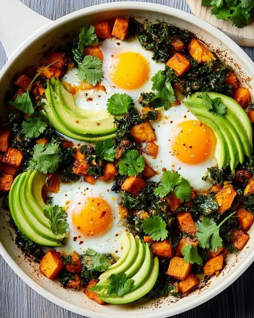 Sweet Potato Hash with Eggs, Avocado, and Chili Powder Recipe