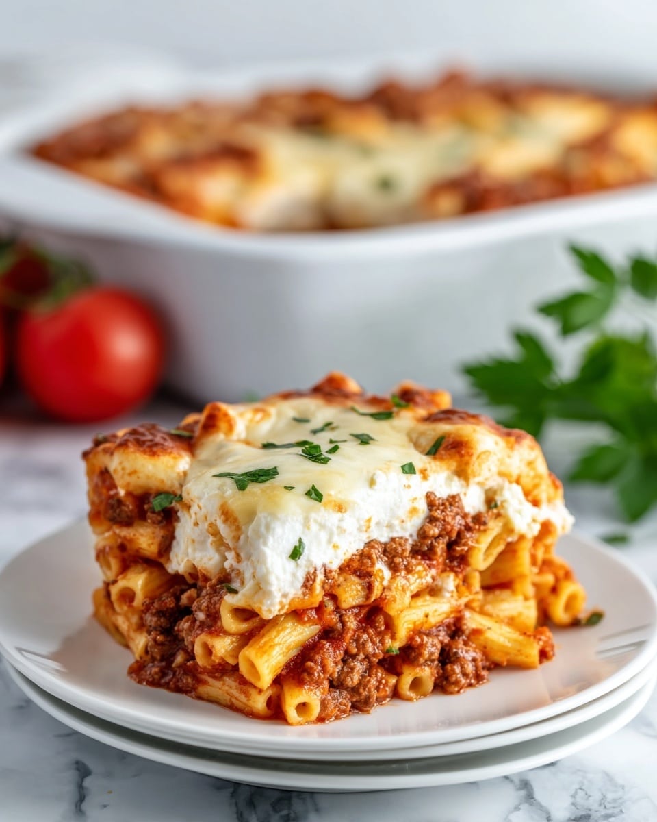 The dish shows a close-up of a single serving of baked ziti on a white plate, placed on a white marbled surface. The bottom layer consists of smooth, tubular pasta in a pale yellow color. On top is a rich, chunky tomato sauce mixed with small pieces of browned meat and bright red diced tomatoes. This is covered with melted cheese, giving a slightly creamy texture with some browned spots. There is a sprinkle of finely chopped green herbs and some white grated cheese on the very top layer, adding color contrast. In the foreground, part of a woman's hand and a silver fork are visible near the plate. Photo taken with an iphone --ar 4:5 --v 7