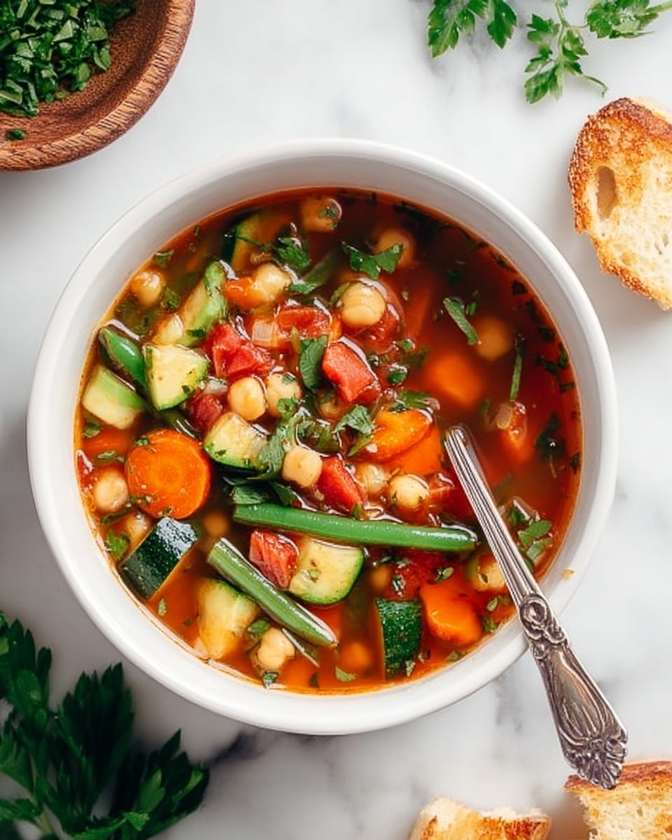 A white bowl filled with a colorful vegetable soup placed on a white marbled surface, showing layers of clear reddish broth with visible pieces of green beans, bright orange carrot slices, light beige chickpeas, green zucchini cubes, and red tomato chunks floating on top. A silver spoon with an ornate handle is resting inside the bowl, slightly submerged in the soup. Around the bowl, there are small bunches of fresh parsley and pieces of toasted bread. The photo is taken with an iphone --ar 4:5 --v 7