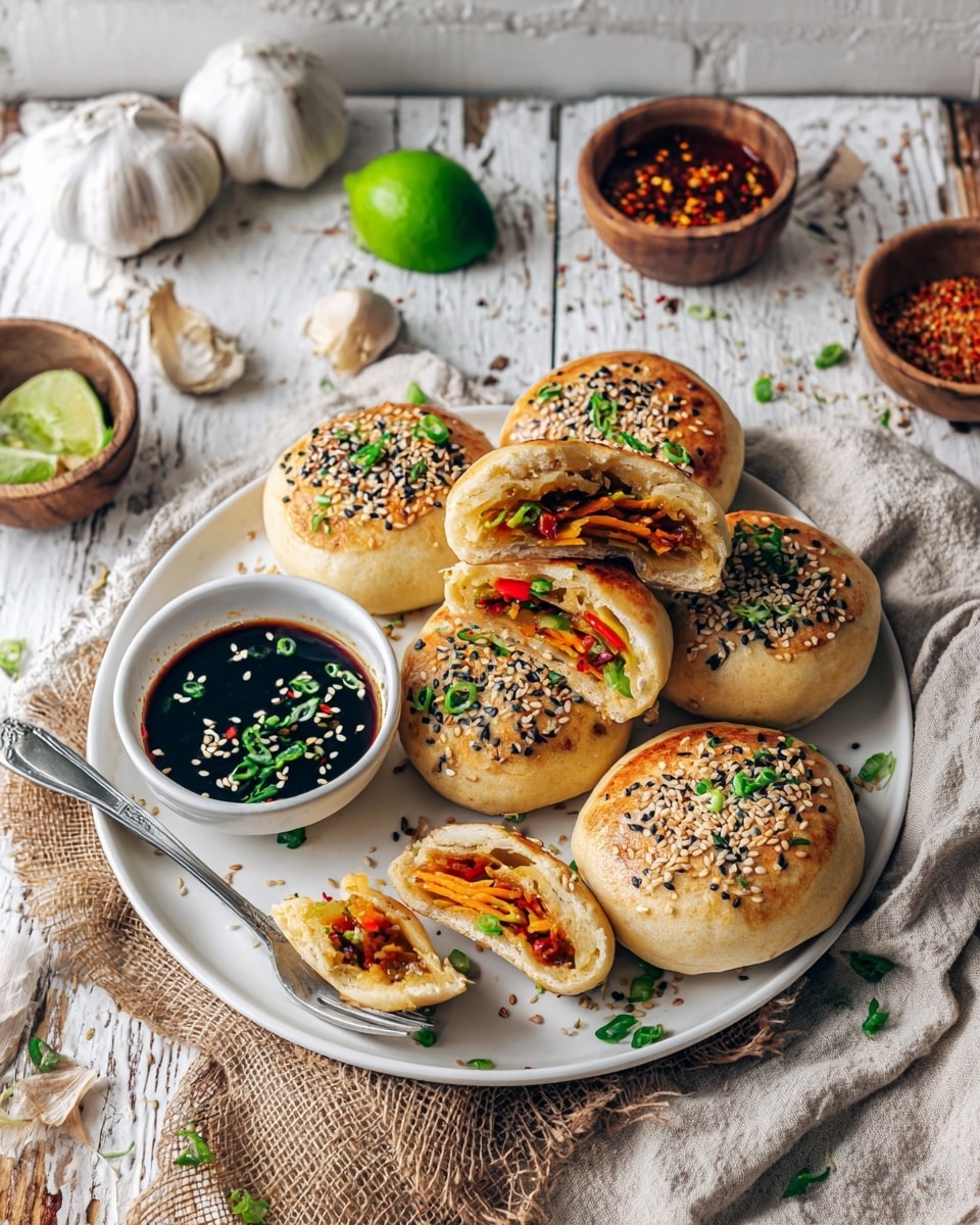 A white plate holds eight golden-brown stuffed buns topped with toasted sesame seeds, some whole and some sliced in half showing bright layers of orange carrot strips, green scallions, and red bell pepper inside soft dough. The buns have a slightly shiny, smooth surface with a few browned spots. A small white bowl of dark soy sauce with floating sesame seeds and green herbs sits on the plate, next to a silver fork resting on the plate’s edge with one bun piece on its tines. Surrounding the plate are whole garlic bulbs, a halved green lime, small bowls with chili sauce and spices, all set on a rustic wooden table covered with beige cloth and burlap. The background has a clean white marbled texture. photo taken with an iphone --ar 4:5 --v 7