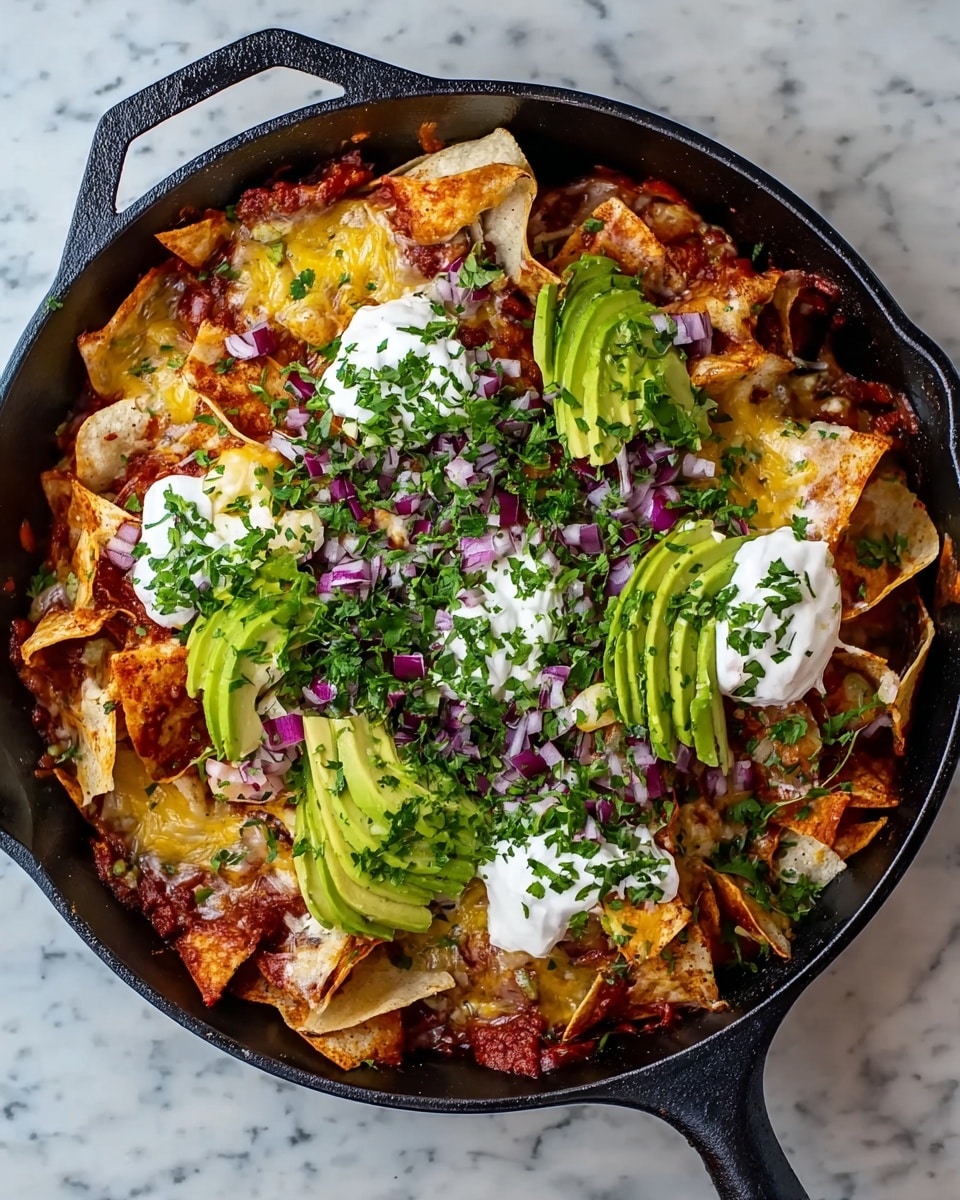 A black cast iron pan holds a layered dish of crispy golden brown tortilla chips that are folded and spread throughout the pan. Beneath and between the chips, melted yellow cheese is visible, bubbling slightly. A rich red sauce with ground ingredients is underneath the chips, peeking through in areas. On top, dollops of white sour cream are placed around the center, which is also piled with bright green avocado slices cut into chunks. Finely chopped purple onions and green fresh herbs are sprinkled generously all over the dish. The pan sits on a white marbled surface photo taken with an iphone --ar 4:5 --v 7