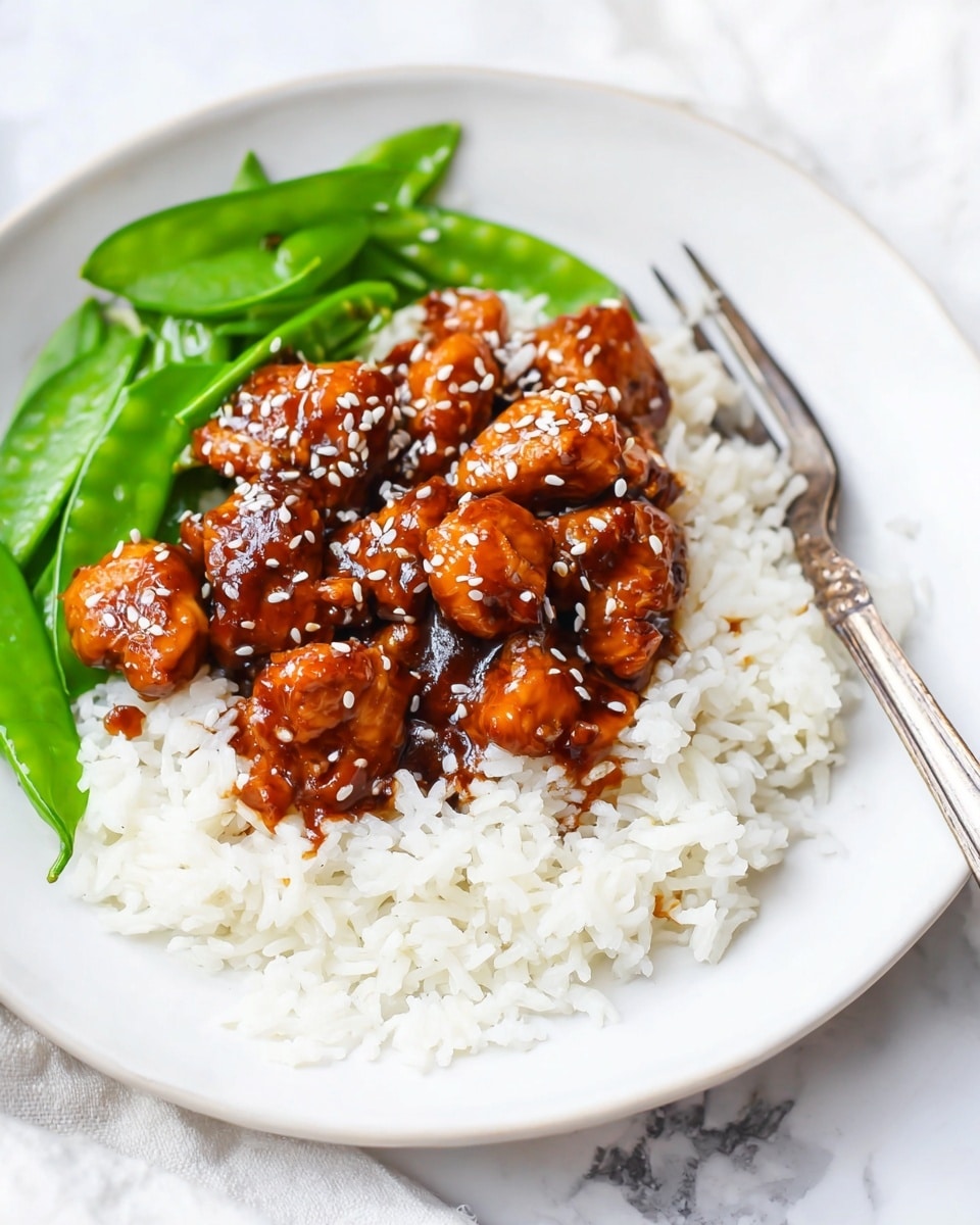 A white plate on a white marbled surface holds a serving of fluffy white rice as the bottom layer. On top of the rice, there are small bite-sized pieces of chicken covered in a shiny dark brown sauce, sprinkled with white sesame seeds. To the left side of the plate, fresh green snow peas lay flat, adding a pop of green color. A silver fork rests on the right side of the plate, partially on the rice. photo taken with an iphone --ar 4:5 --v 7