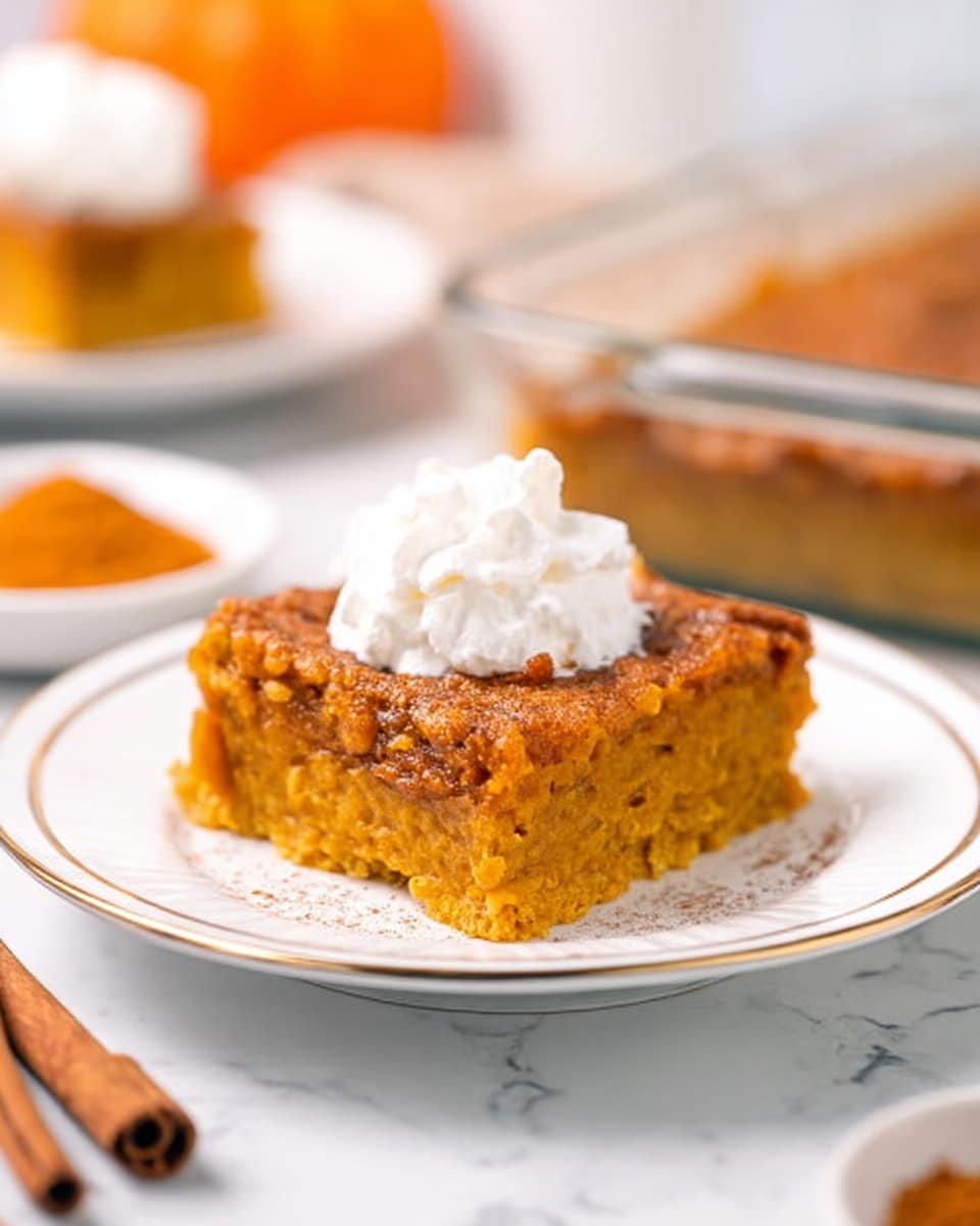 A square piece of orange-brown pumpkin dessert with a slightly crumbly texture is placed on a white plate with a thin gold rim. The top layer is golden-brown and firm, while the inside looks moist and soft, topped with a dollop of white whipped cream. The background consists of a white marbled surface with a glass baking dish of the same dessert blurred in the back. Some light cinnamon sticks and a small white bowl with an orange powder are also faintly visible in the background. Photo taken with an iphone --ar 4:5 --v 7