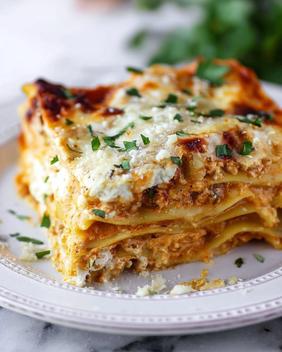 A close-up of two stacked squares of lasagna on a white plate with a detailed rim pattern, placed on a white marbled surface. The lasagna shows three visible layers of golden-brown pasta sheets, with creamy white and light orange cheese layers between them. The top layer is golden and bubbly with melted cheese and scattered small green herb pieces. There are bits of white cheese also sprinkled on top and around the plate. Fresh green herb leaves peek out slightly from under the lasagna stack near the back edge. Photo taken with an iphone --ar 4:5 --v 7