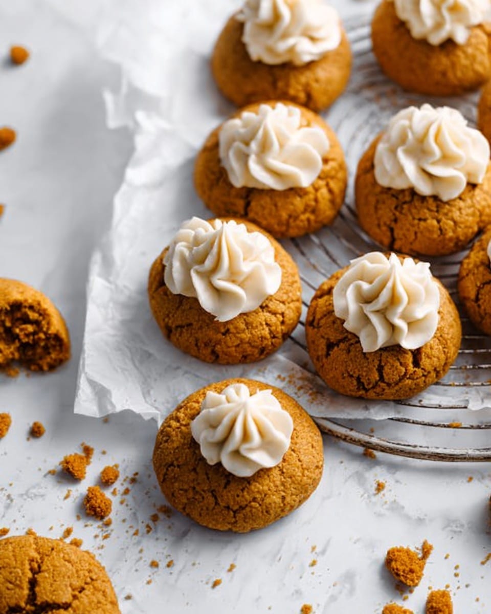 The image shows a group of round cookies with a rough orange-brown texture, arranged closely together on a white parchment paper, which is placed on a metal cooling rack above a white marbled surface. Each cookie has a dollop of smooth white cream piped with a small star shape on top, creating a soft contrast with the cookie base. Several crumbs of the same orange-brown color are scattered around the cookies on the white marbled surface. In the lower left corner, a single cookie is partly out of focus. Photo taken with an iphone --ar 4:5 --v 7