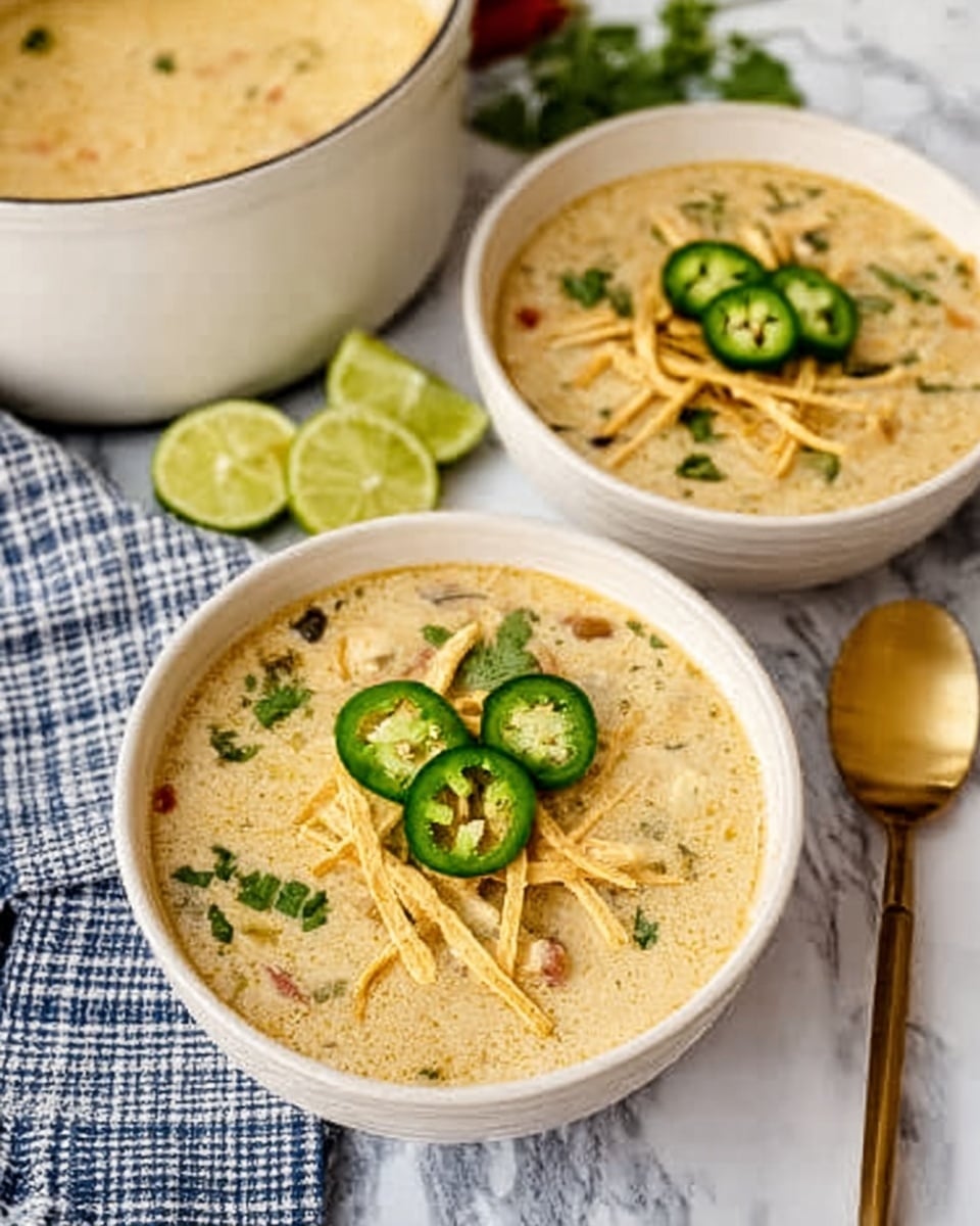 Two white bowls filled with creamy soup are placed on a white marbled surface with a blue and white checkered cloth nearby. Each bowl contains a light beige soup with visible bits of vegetables and herbs. On top of each soup, there are three green jalapeño slices arranged in the center, and thin, crispy light brown strips are laid crossing each other on one side. A white pot filled with the same soup is partially seen in the background. A gold spoon and lime wedges are placed next to the bowls. A woman's hand is holding one of the bowls. Photo taken with an iphone --ar 4:5 --v 7