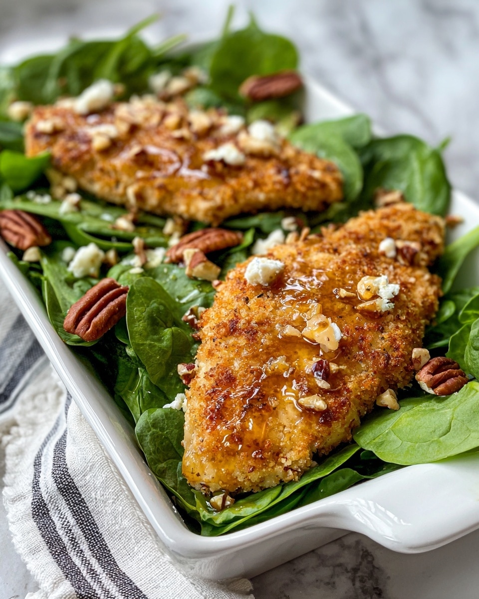 A rectangular white plate holds a fresh salad with a base layer of large, dark green spinach leaves spread across the plate. On top of the spinach, there are two golden-brown, crispy breaded chicken pieces covered with a light brown sauce and bits of chopped pecans. Scattered around the chicken are whole pecans and small chunks of white goat cheese, adding texture and contrast. At each corner of the plate, there are three light yellow and red apple slices leaning against the spinach leaves. The plate sits on a folded beige and white striped cloth, all placed on a white marbled surface. Photo taken with an iphone --ar 4:5 --v 7