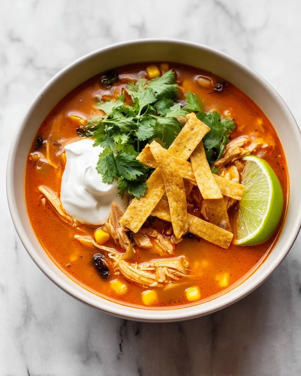 A white bowl filled with bright orange-red soup at the base, with visible chunks of shredded light brown chicken and yellow corn kernels mixed inside. On top, there are strips of crispy golden tortilla chips placed unevenly, adding texture. A fresh green bunch of cilantro leaves sits near the center, next to a dollop of white creamy sour cream. A fresh lime wedge with light green skin and pale green inside rests on the right side of the bowl. The bowl is set on a white marbled surface. photo taken with an iphone --ar 4:5 --v 7