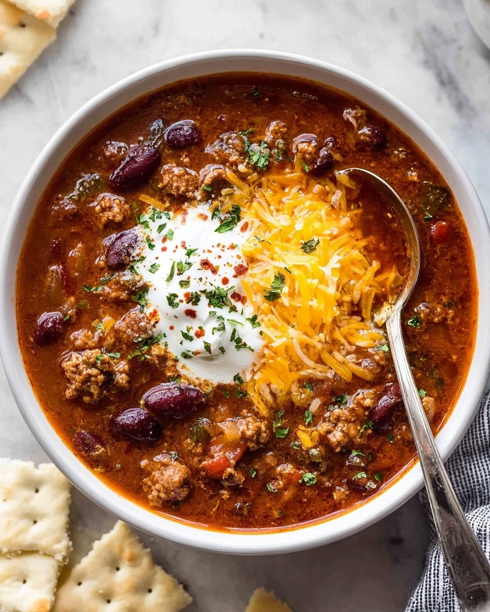 A white bowl filled with thick chili soup showing three main layers: a dark reddish-brown broth mixed with cooked ground meat and kidney beans, topped with a medium layer of bright yellow shredded cheddar cheese and a dollop of white sour cream sprinkled with green herbs and a light dusting of red spice, with a silver spoon resting inside the bowl on a white marbled surface next to broken white crackers photo taken with an iphone --ar 4:5 --v 7